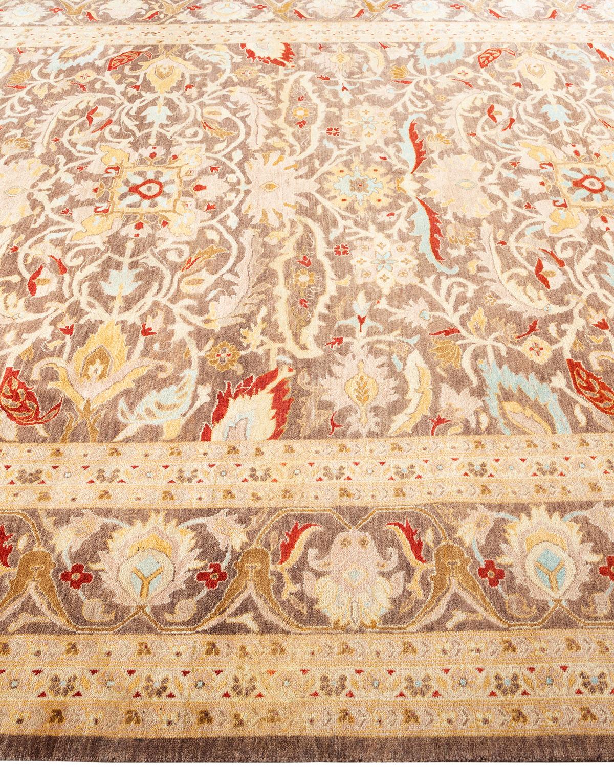 One of a Kind Hand Knotted Contemporary Floral Eclectic Brown Area Rug In New Condition For Sale In Norwalk, CT