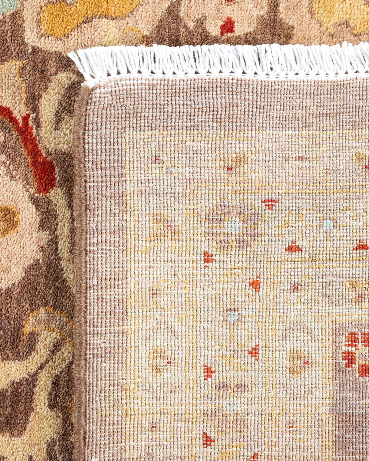 Wool One of a Kind Hand Knotted Contemporary Floral Eclectic Brown Area Rug For Sale