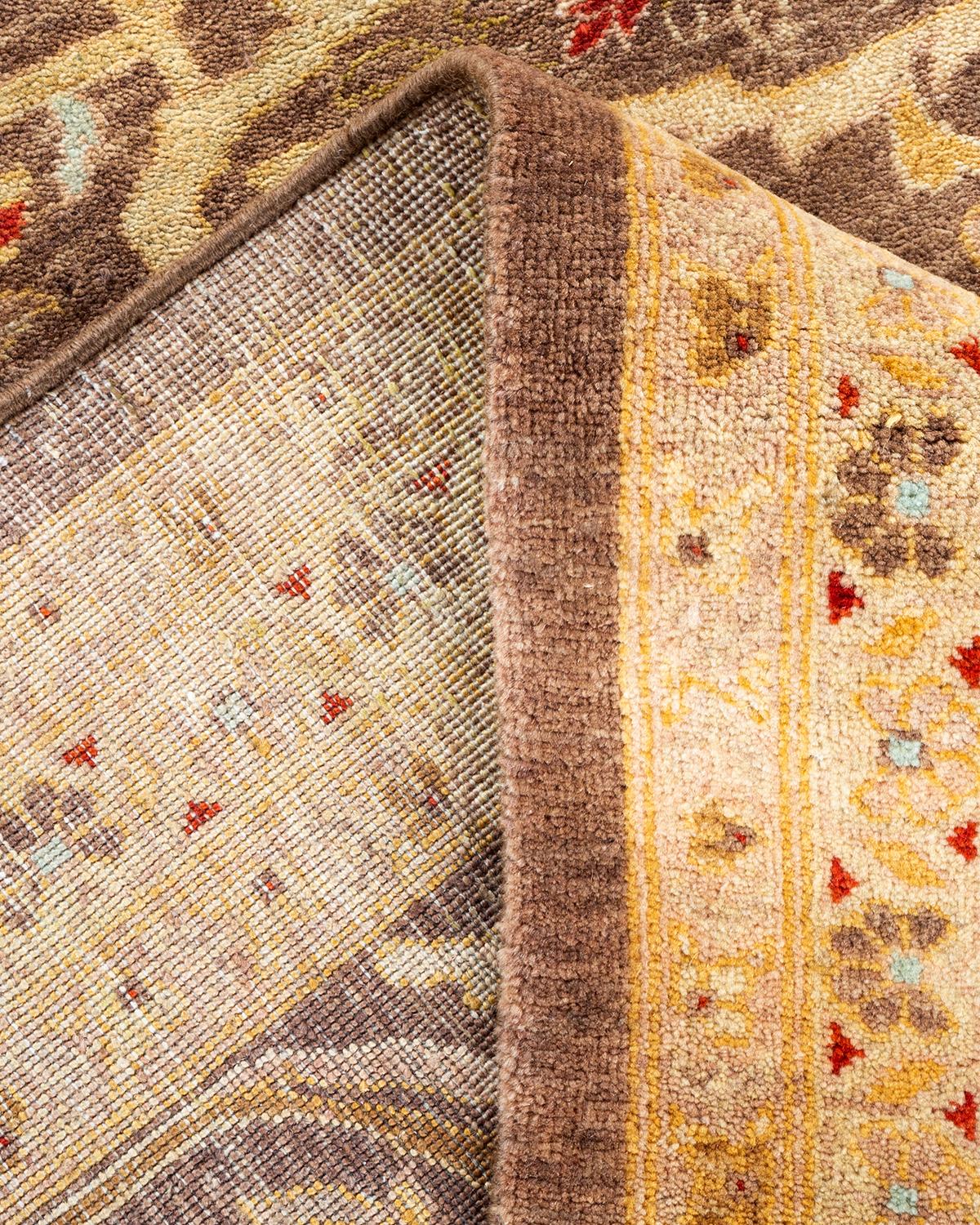 One of a Kind Hand Knotted Contemporary Floral Eclectic Brown Area Rug For Sale 1