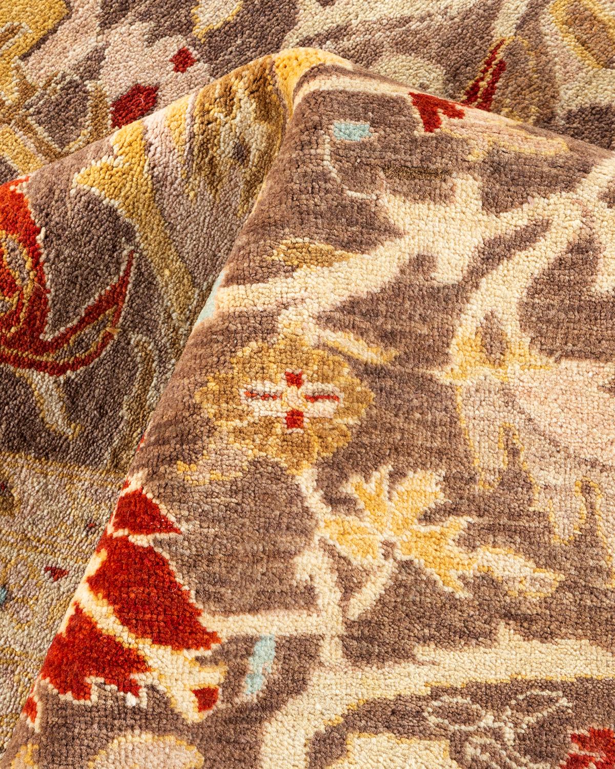 One of a Kind Hand Knotted Contemporary Floral Eclectic Brown Area Rug For Sale 2
