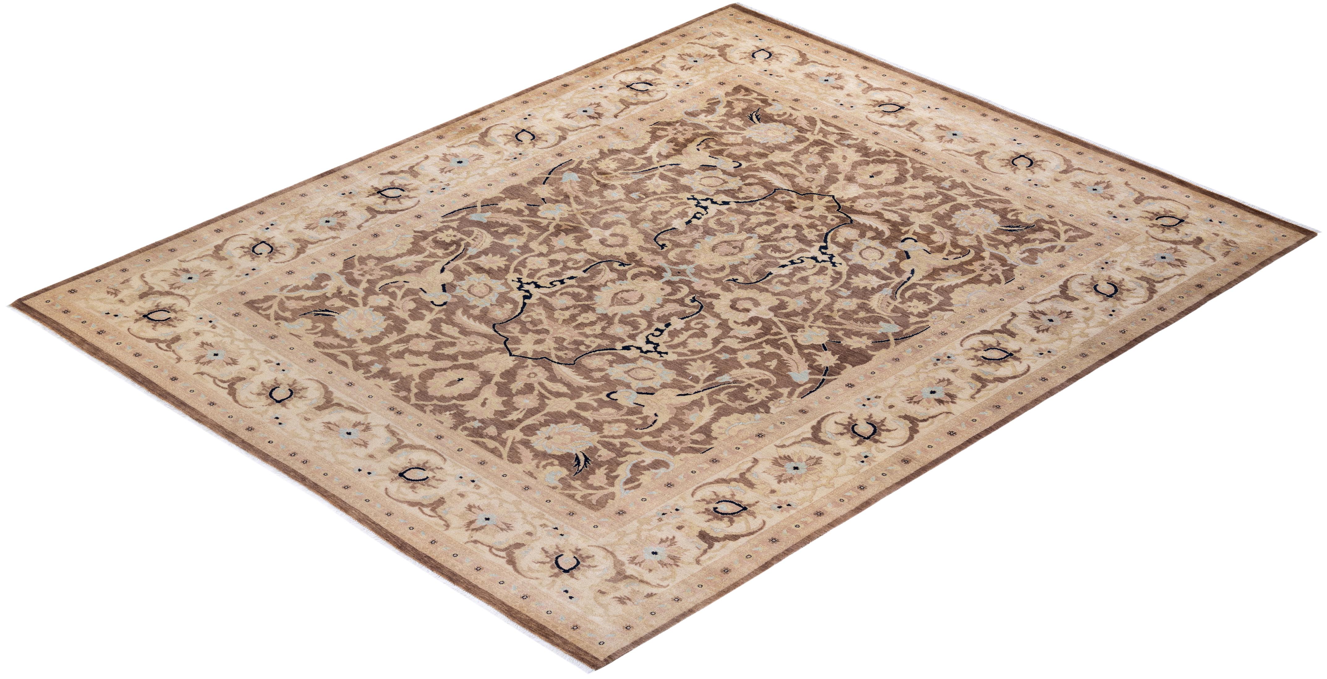 One of a Kind Hand Knotted Contemporary Floral Eclectic Brown Area Rug For Sale 3