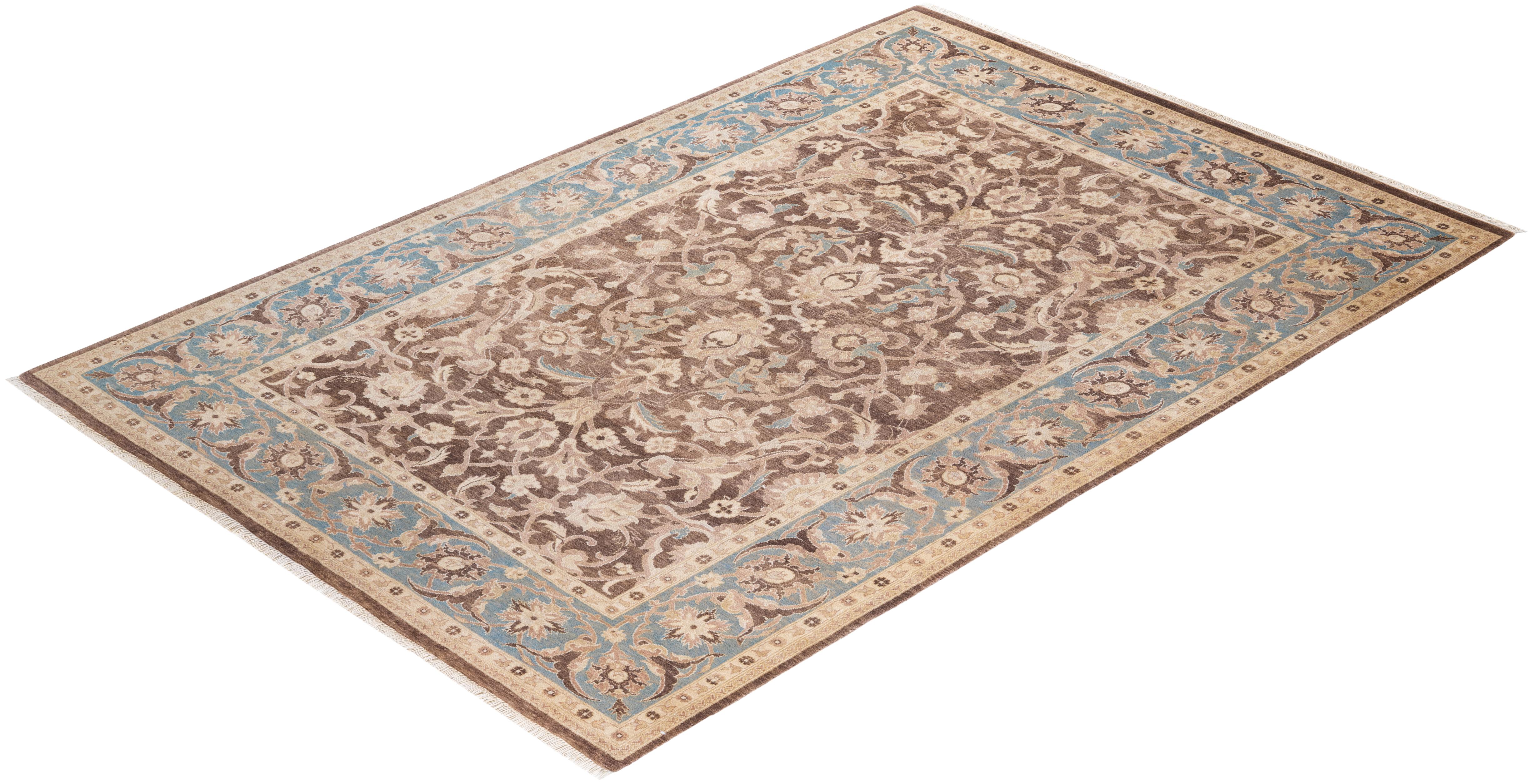 One of a Kind Hand Knotted Contemporary Floral Eclectic Brown Area Rug For Sale 3