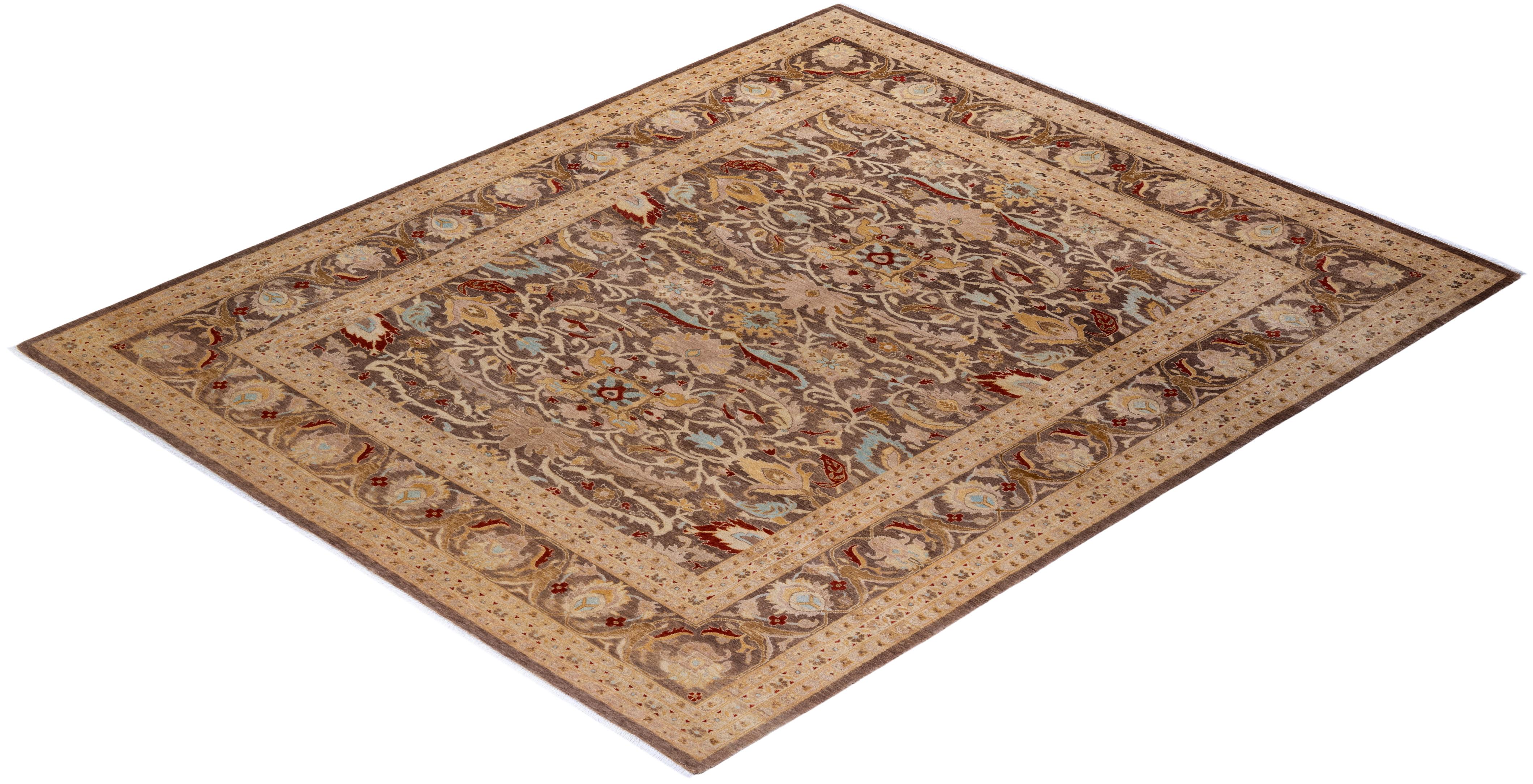 One of a Kind Hand Knotted Contemporary Floral Eclectic Brown Area Rug For Sale 3