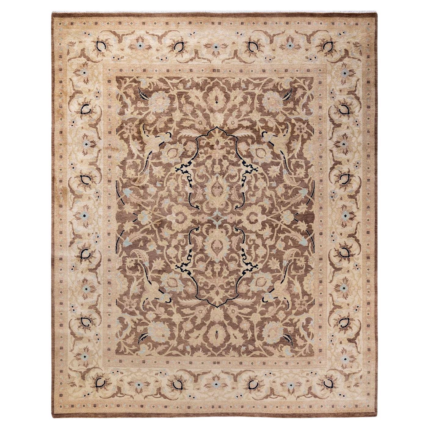 One of a Kind Hand Knotted Contemporary Floral Eclectic Brown Area Rug For Sale