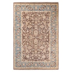 One of a Kind Hand Knotted Contemporary Floral Eclectic Brown Area Rug