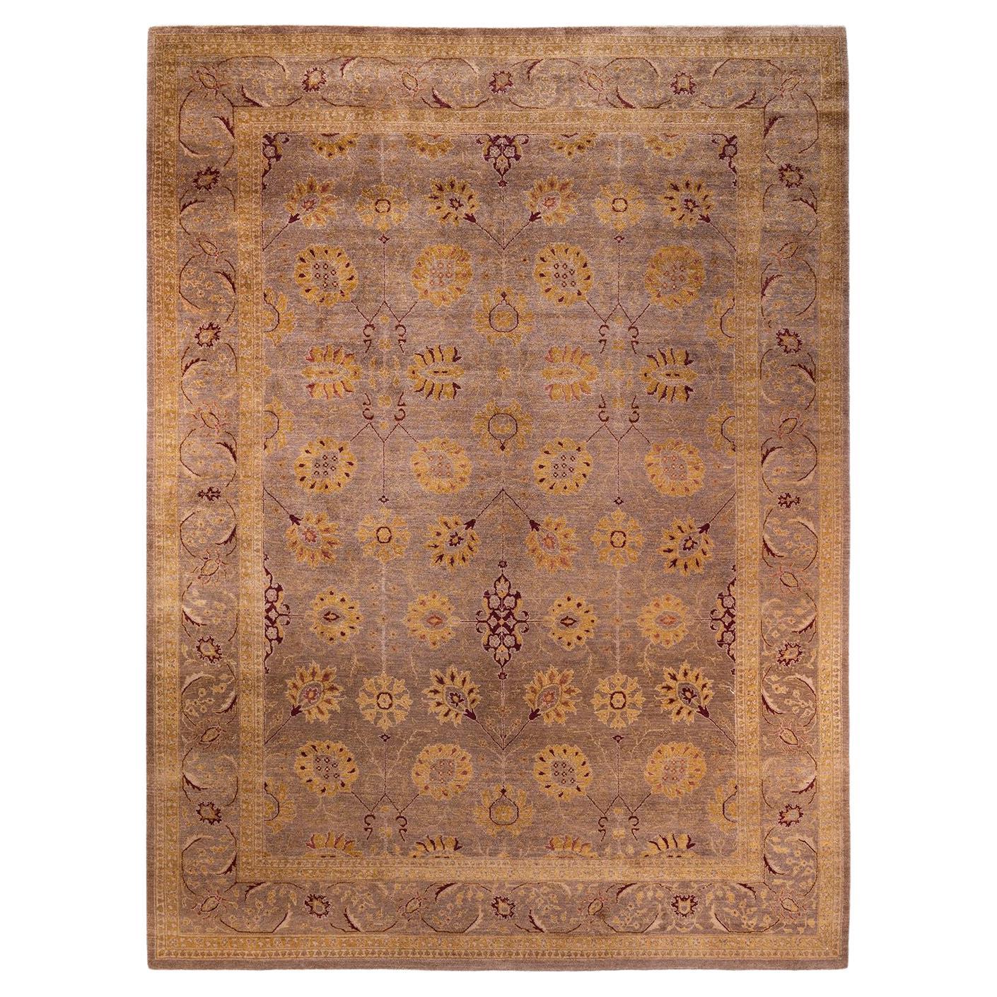 One of a Kind Hand Knotted Contemporary Floral Eclectic Brown Area Rug