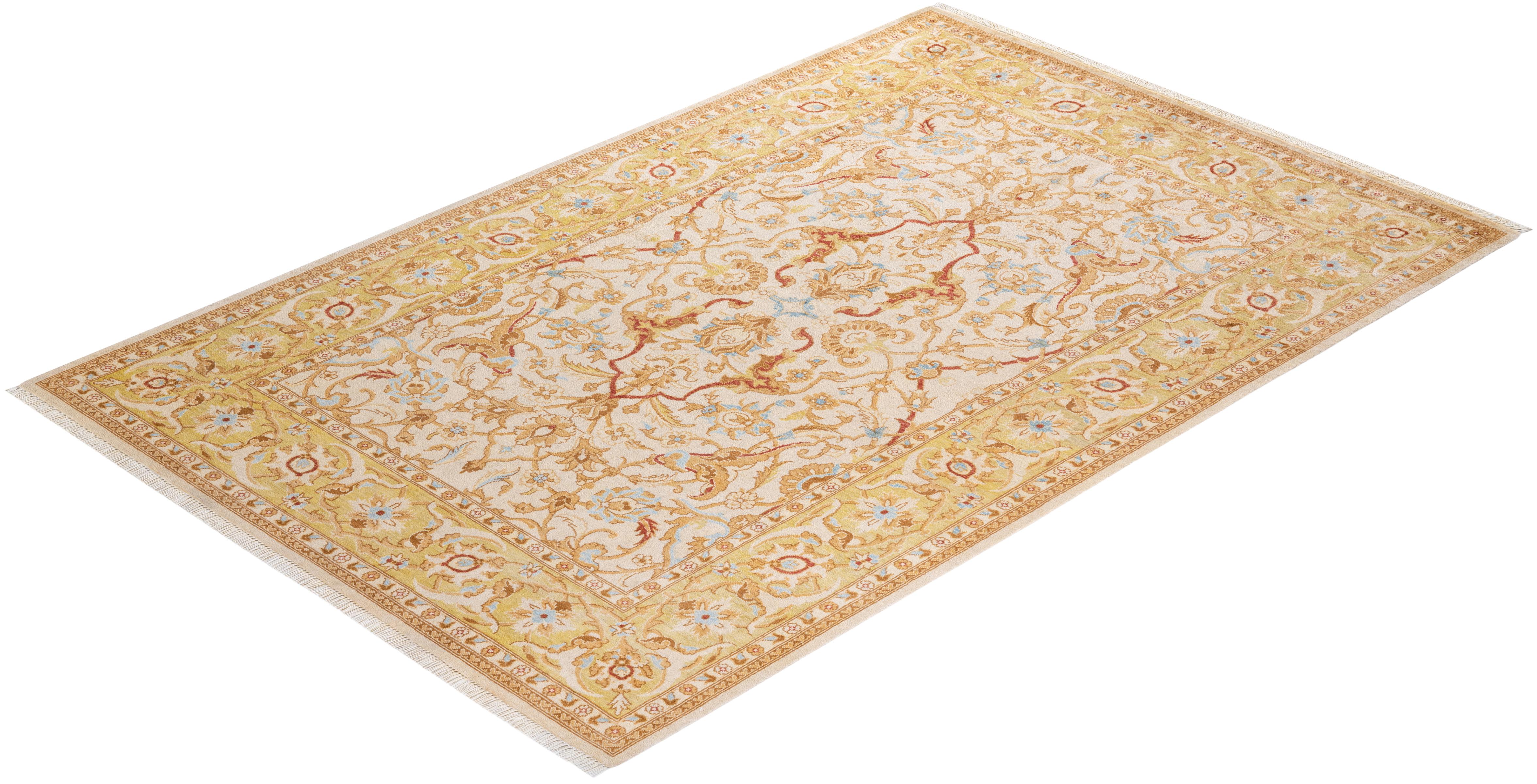 Einzigartiger, handgeknpfter, zeitgenssischer, eklektischer, elfenbeinfarbener Vorleger mit Blumenmuster im Angebot 2