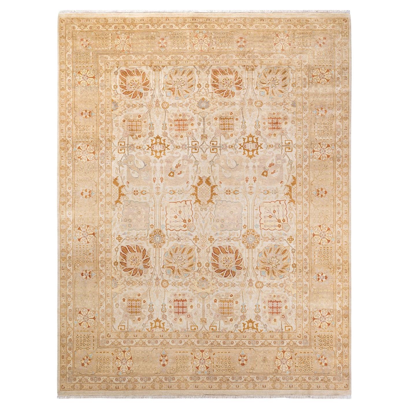 One of a Kind Hand Knotted Contemporary Floral Eclectic Ivory Area Rug 
