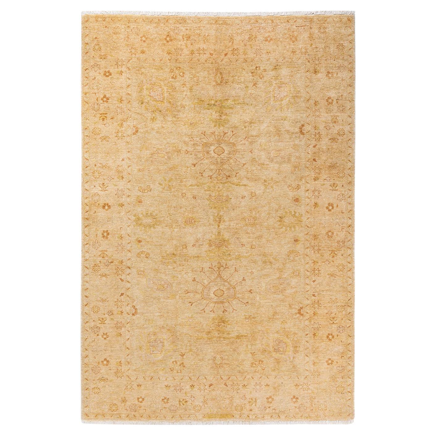 One of a Kind Hand Knotted Contemporary Floral Eclectic Ivory Area Rug  For Sale