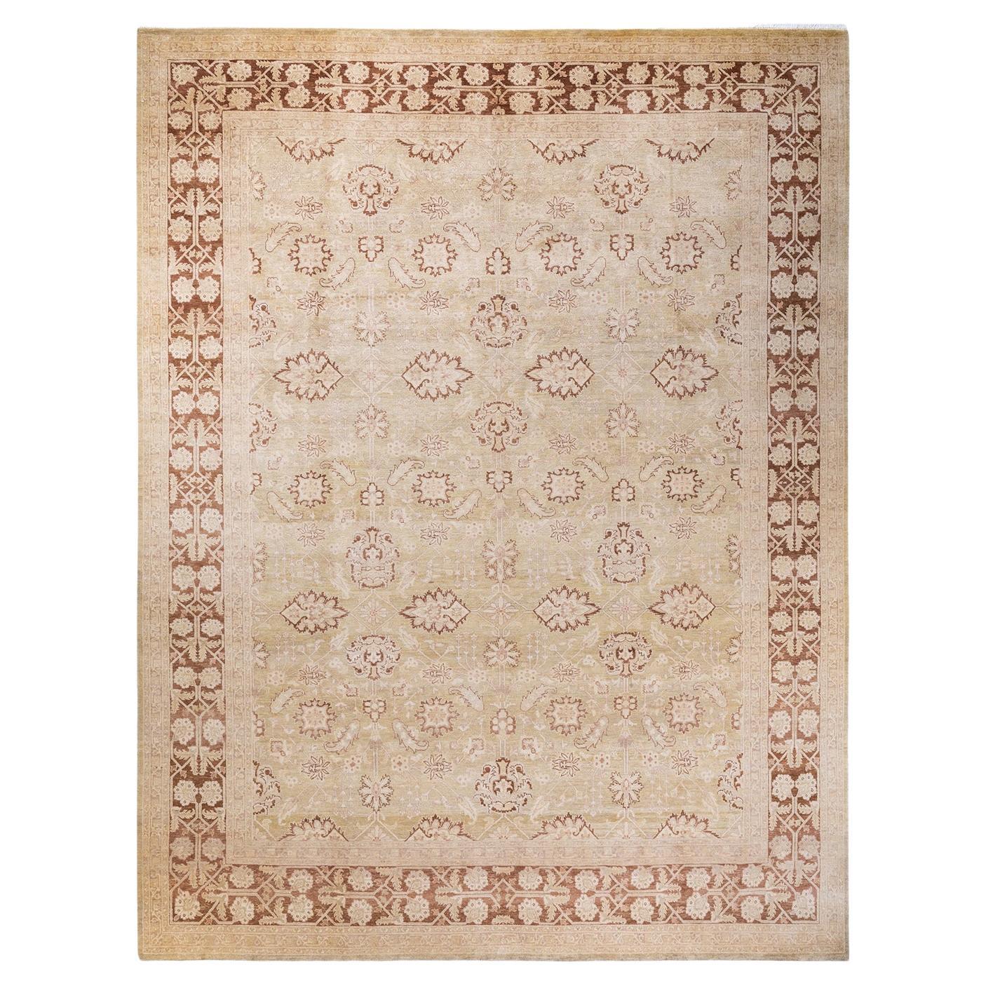 One of a Kind Hand Knotted Contemporary Floral Eclectic Ivory Area Rug For Sale