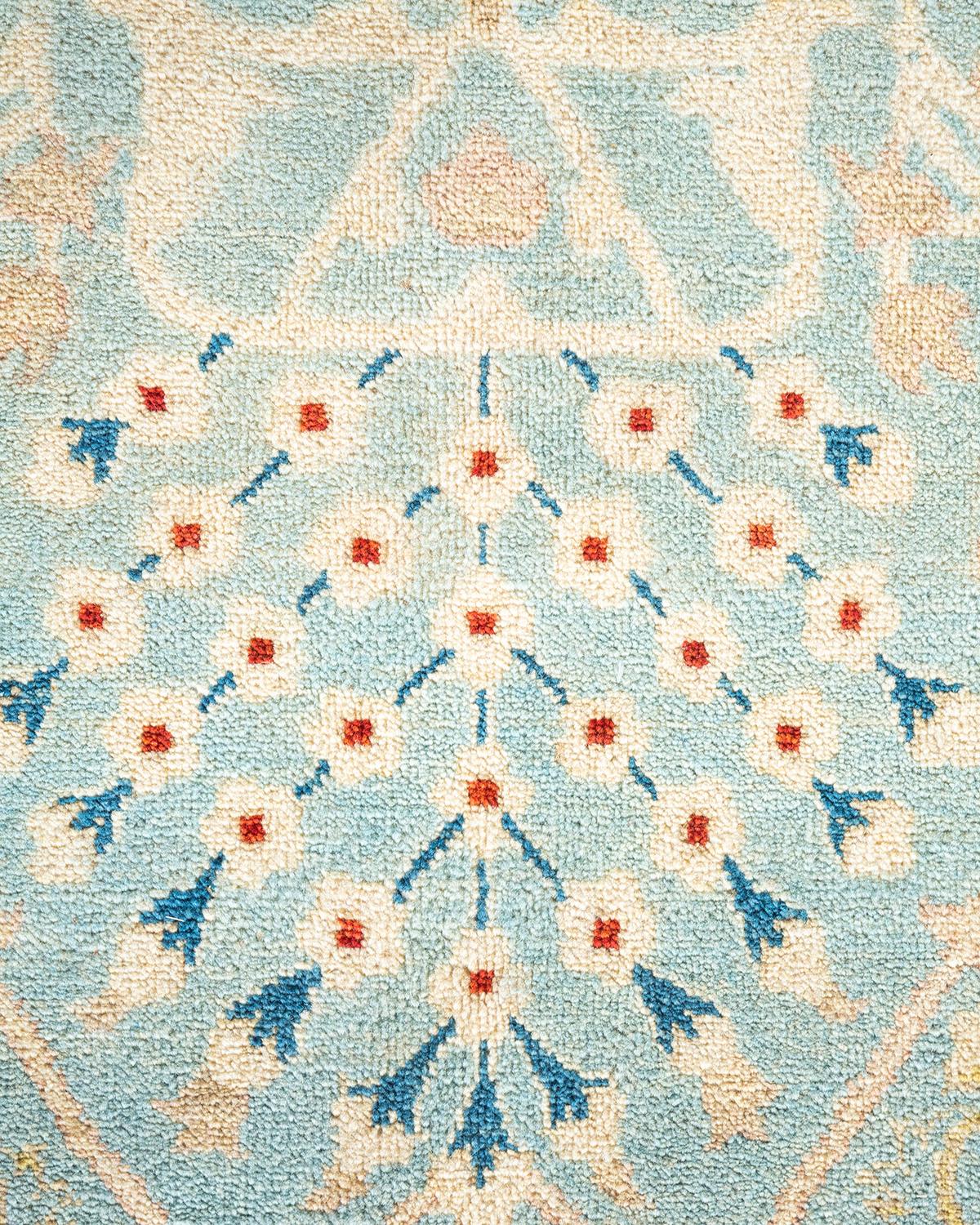 Pakistani One of a Kind Hand Knotted Contemporary Floral Eclectic Light Blue Area Rug For Sale