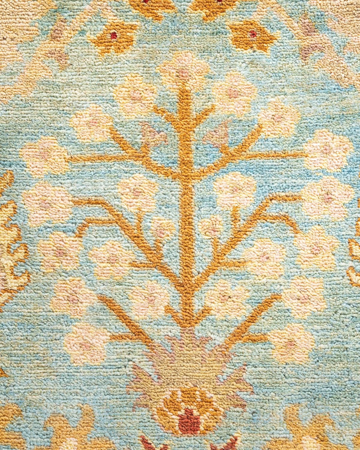 Alfombra única anudada a mano contemporánea floral ecléctica azul claro Pakistaní en venta