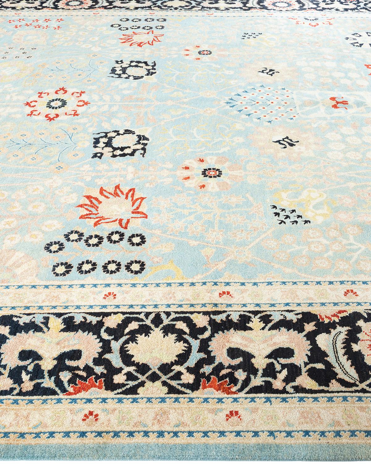 One of a Kind Hand Knotted Contemporary Floral Eclectic Light Blue Area Rug In New Condition For Sale In Norwalk, CT