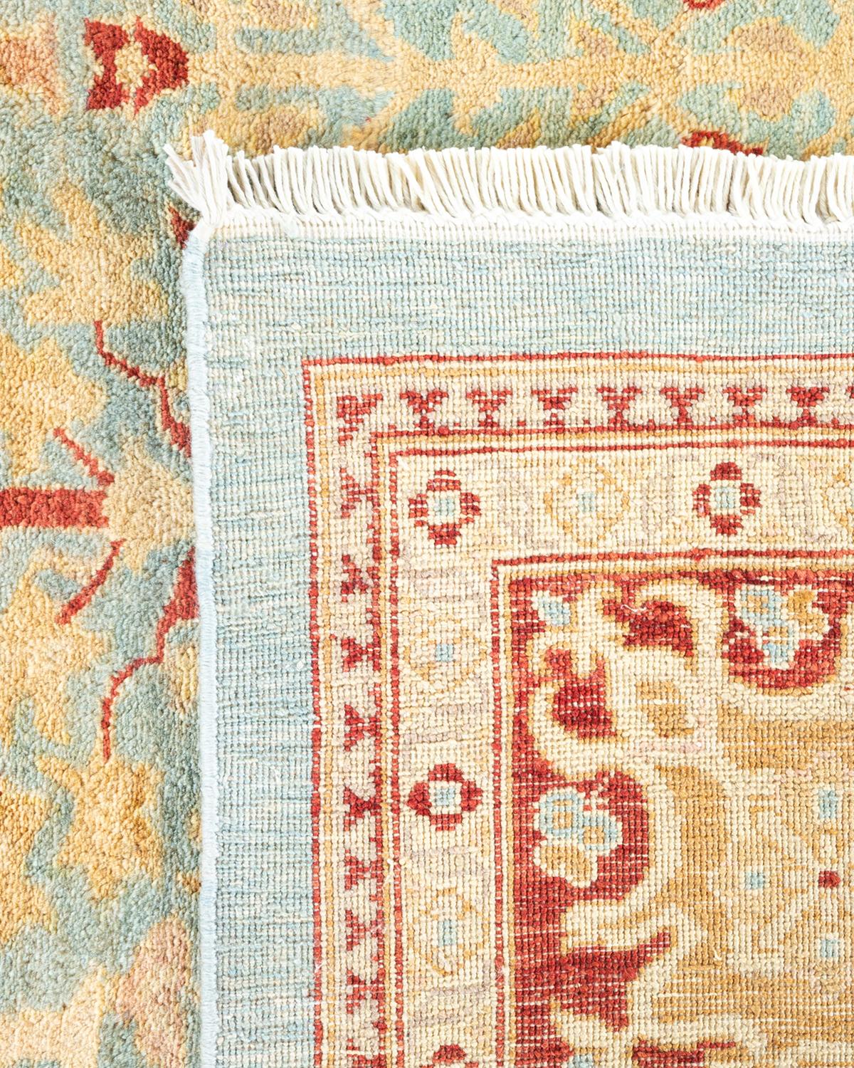 Wool One of a Kind Hand Knotted Contemporary Floral Eclectic Light Blue Area Rug  For Sale