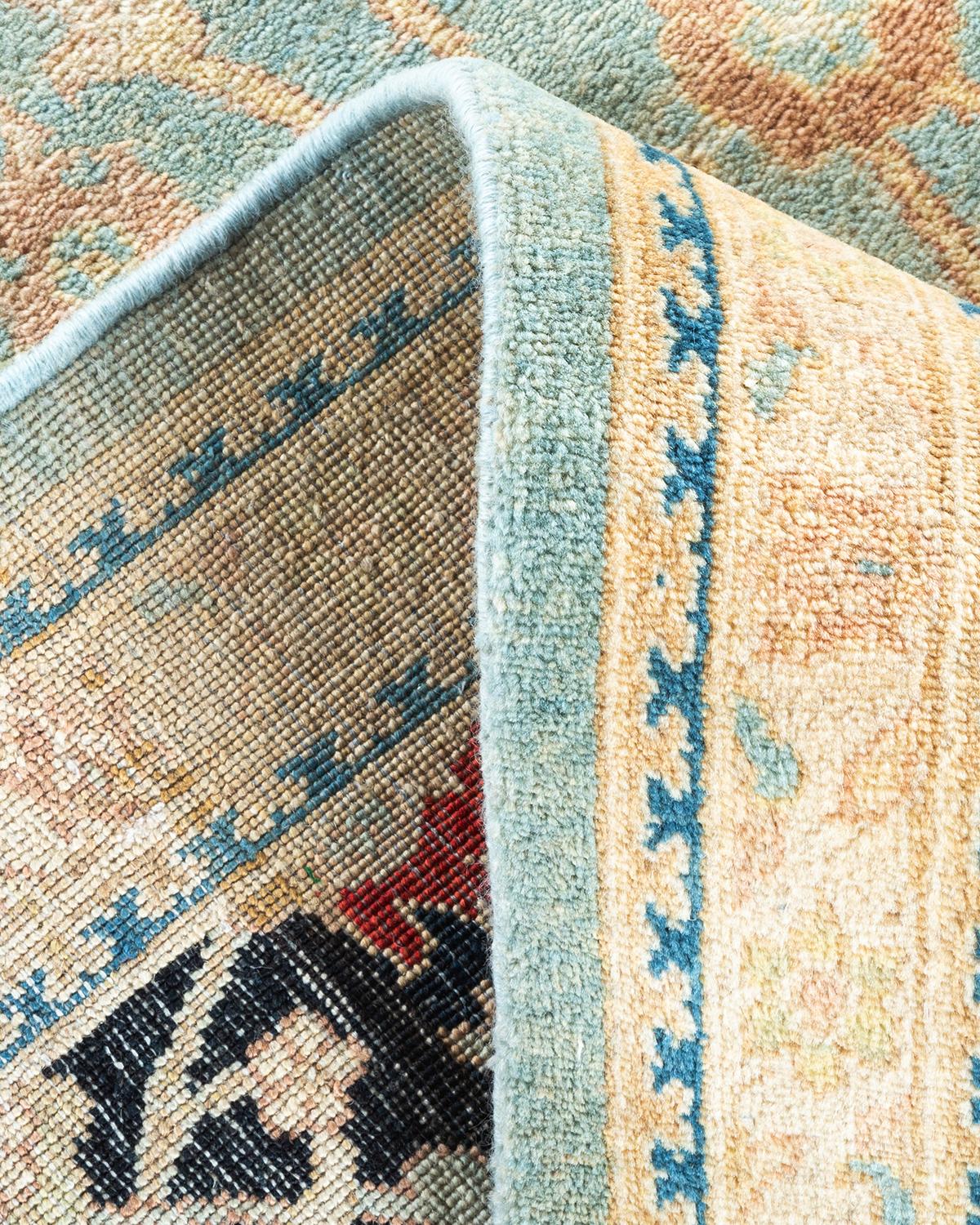 Alfombra única anudada a mano contemporánea floral ecléctica azul claro Lana en venta