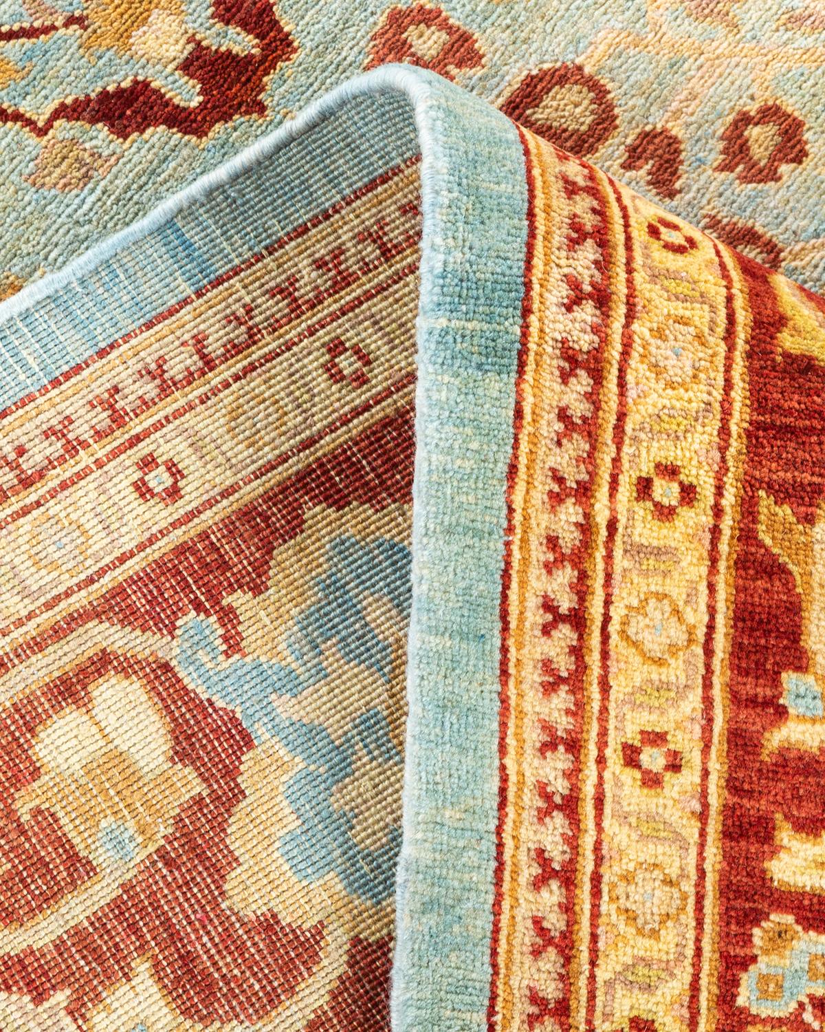 Alfombra única anudada a mano contemporánea floral ecléctica azul claro Lana en venta