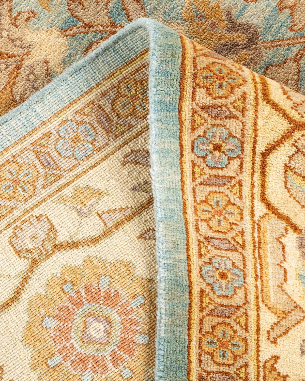 Alfombra única anudada a mano contemporánea floral ecléctica azul claro Lana en venta