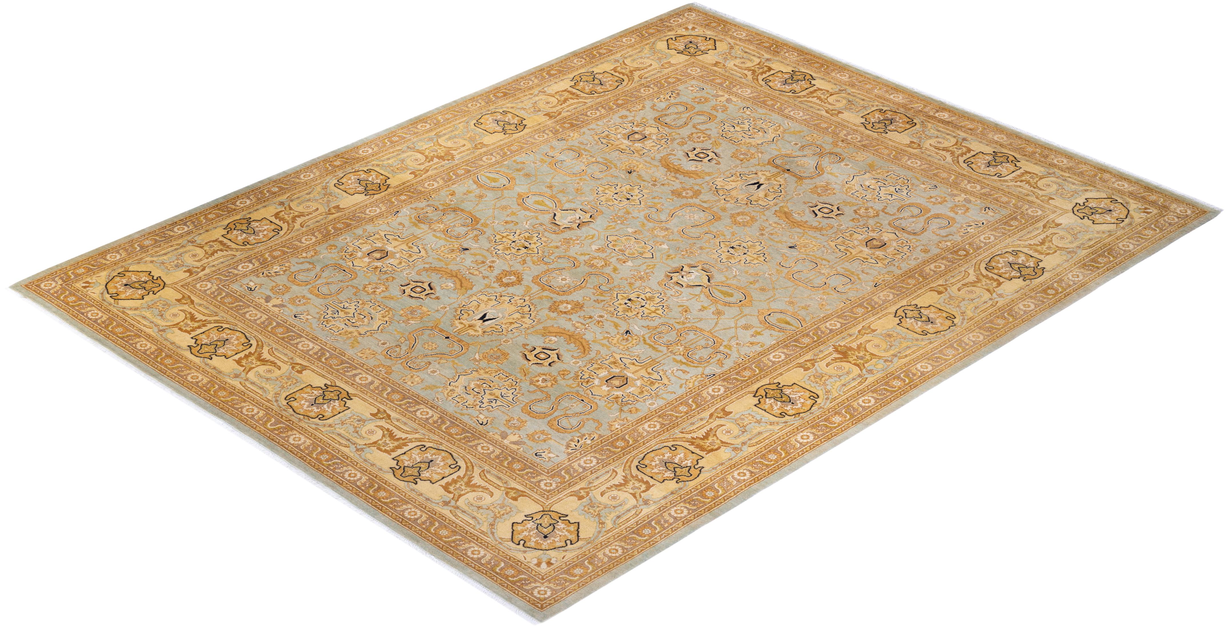 One of a Kind Hand Knotted Contemporary Floral Eclectic Light Blue Area Rug For Sale 3