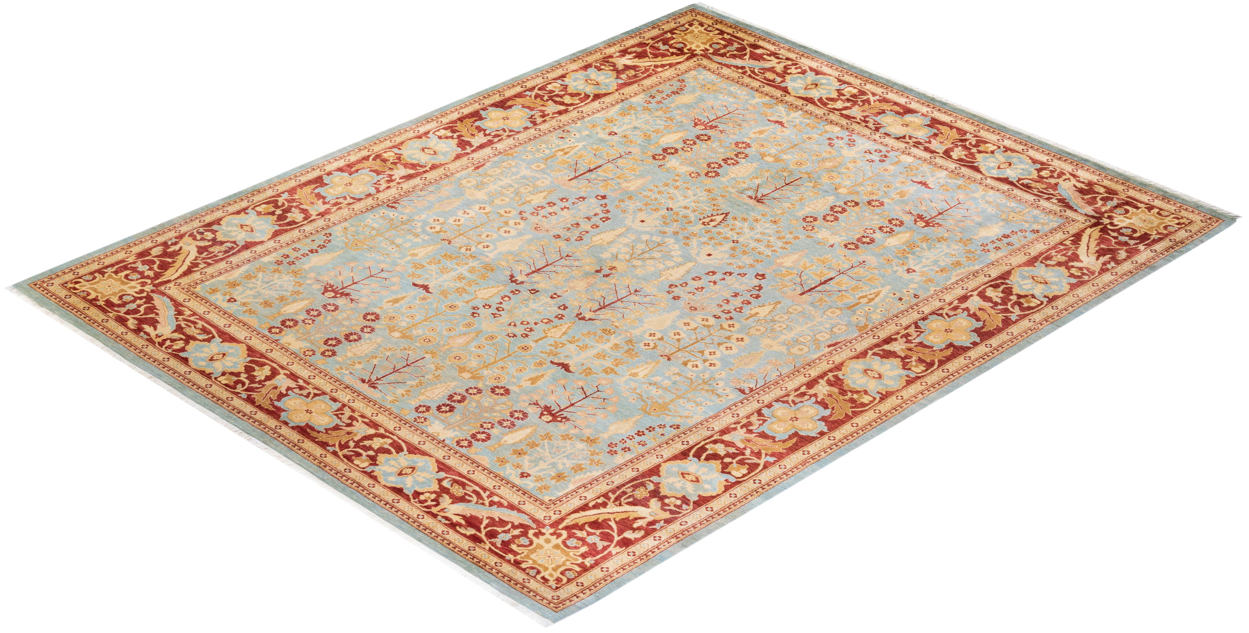 One of a Kind Hand Knotted Contemporary Floral Eclectic Light Blue Area Rug  For Sale 3