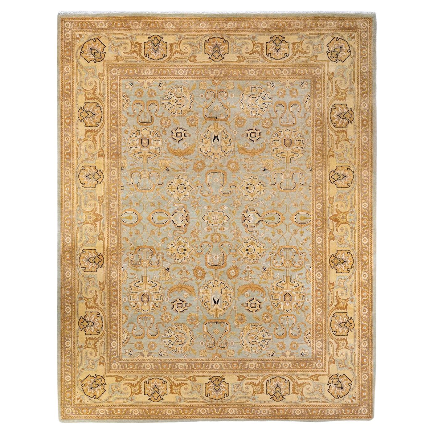 One of a Kind Hand Knotted Contemporary Floral Eclectic Light Blue Area Rug For Sale