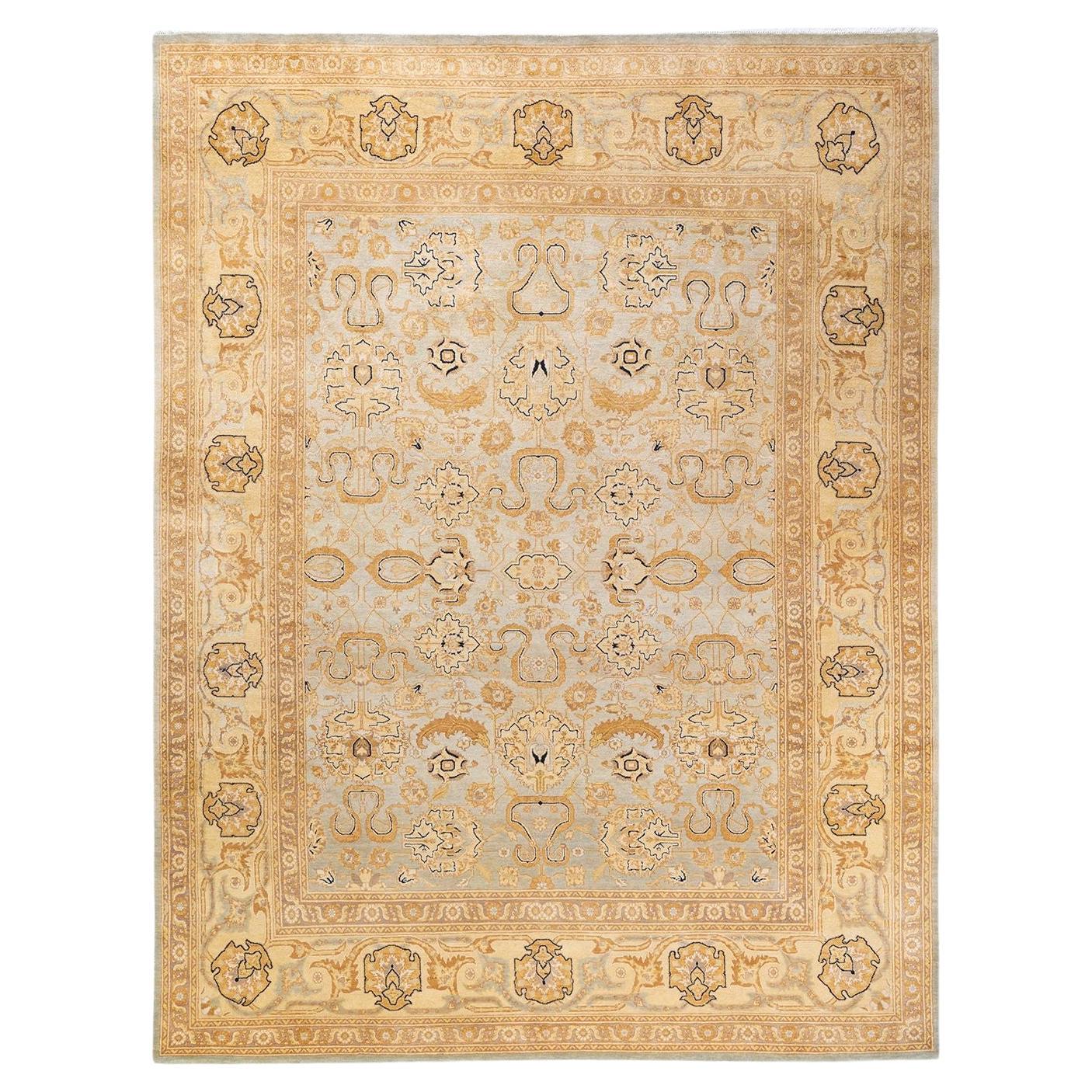 One of a Kind Hand Knotted Contemporary Floral Eclectic Light Blue Area Rug  For Sale