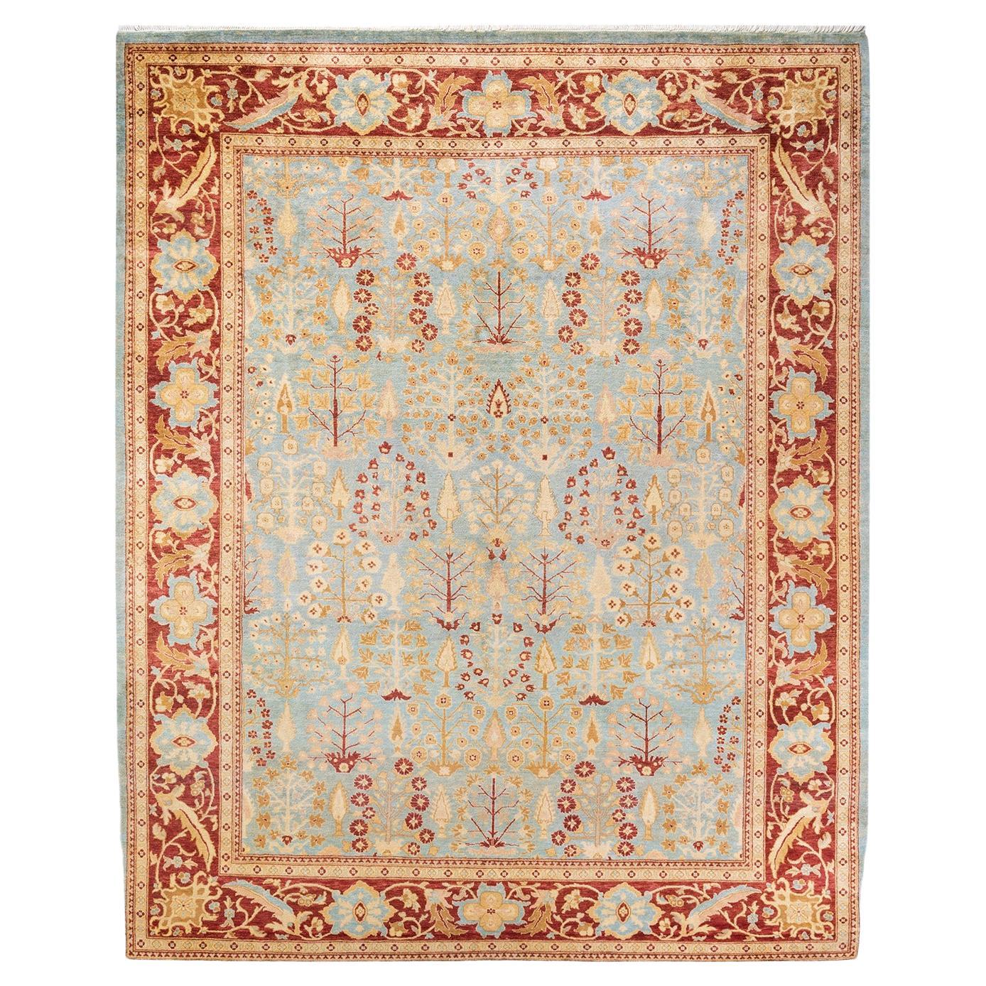 One of a Kind Hand Knotted Contemporary Floral Eclectic Light Blue Area Rug 