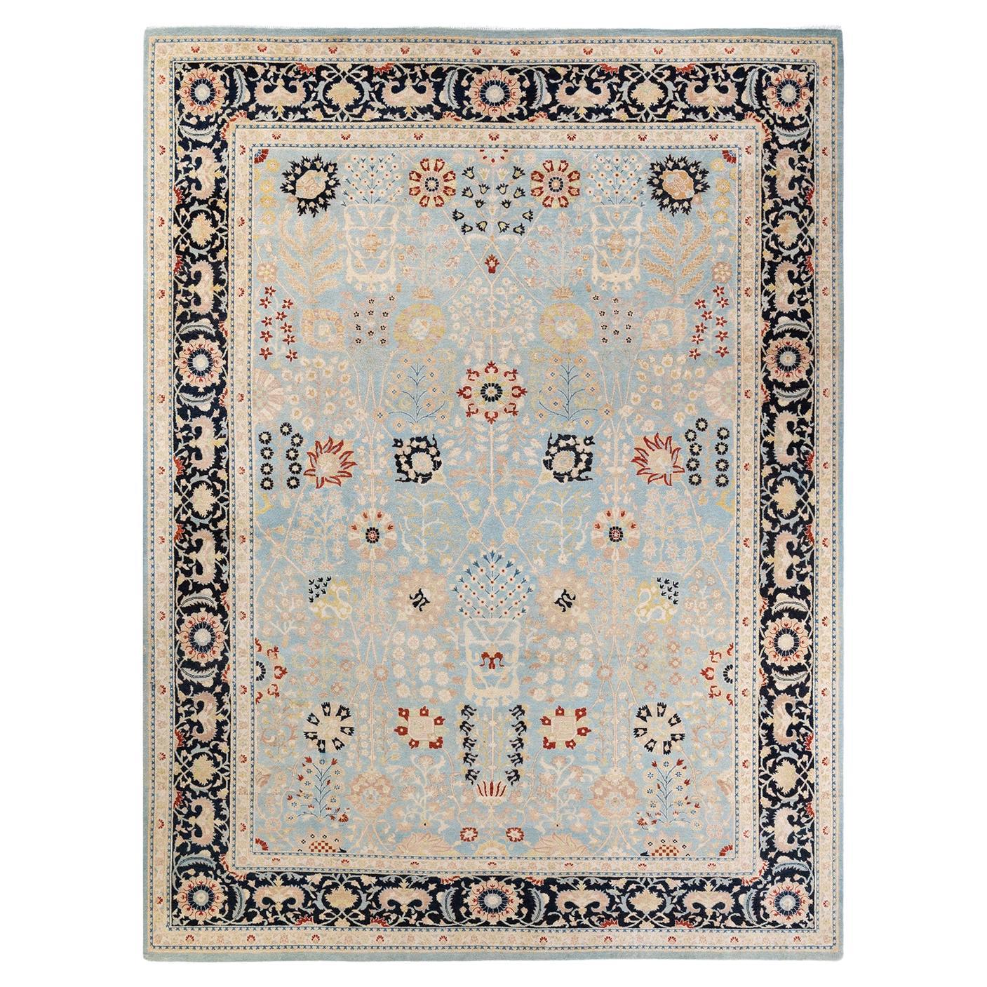 One of a Kind Hand Knotted Contemporary Floral Eclectic Light Blue Area Rug For Sale