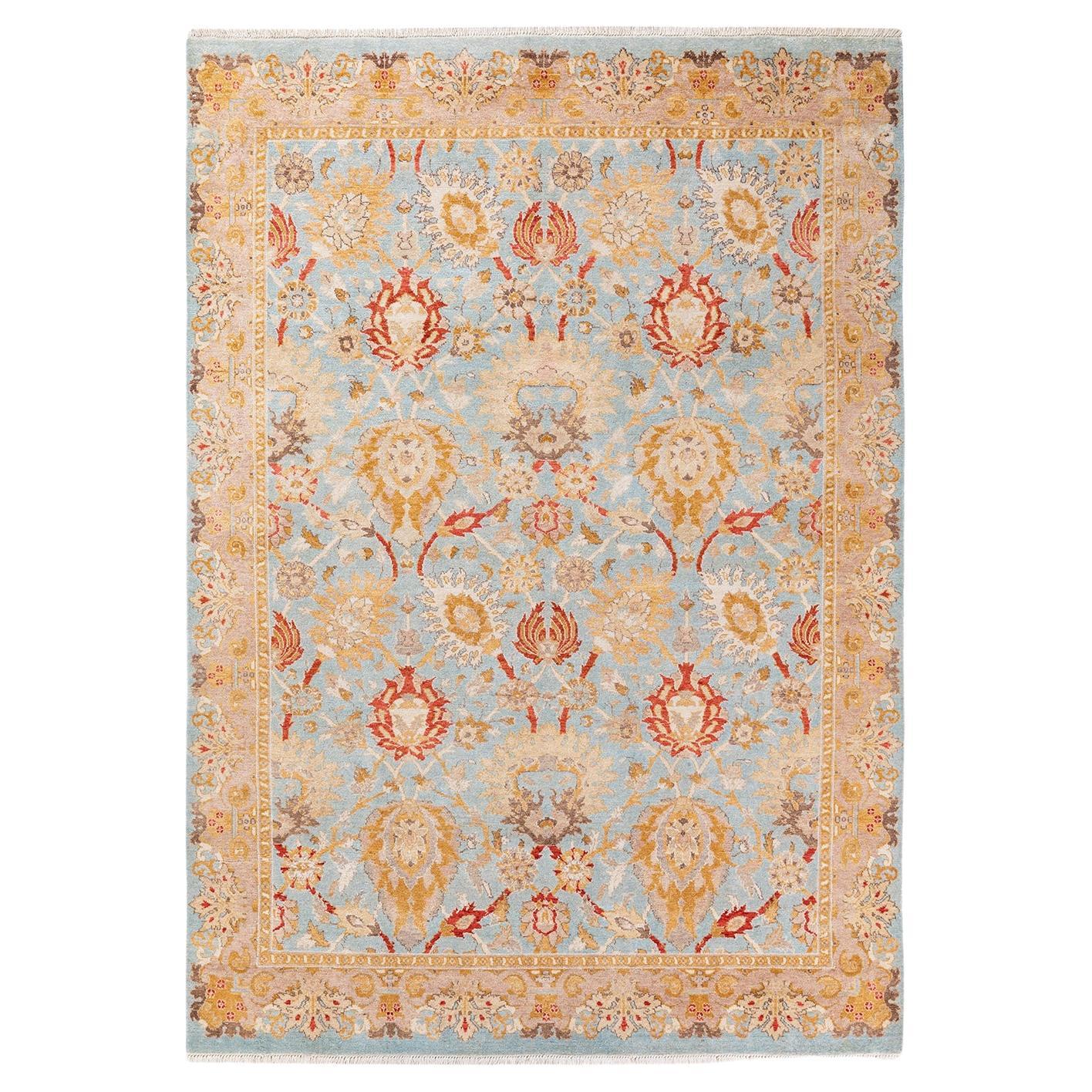 One of a Kind Hand Knotted Contemporary Floral Eclectic Light Blue Area