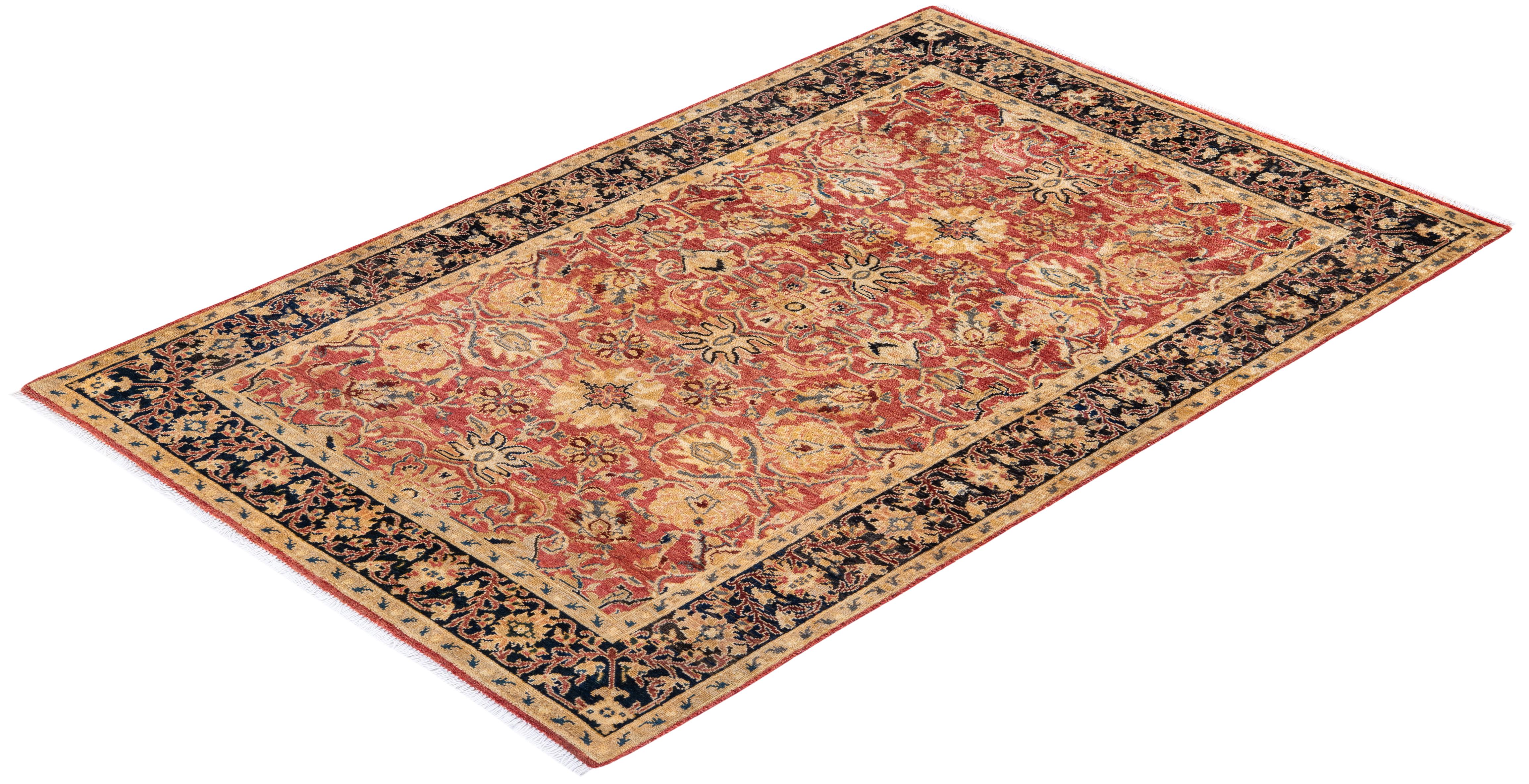 Tappeto contemporaneo floreale eclettico arancione, unico nel suo genere, annodato a mano in vendita 2