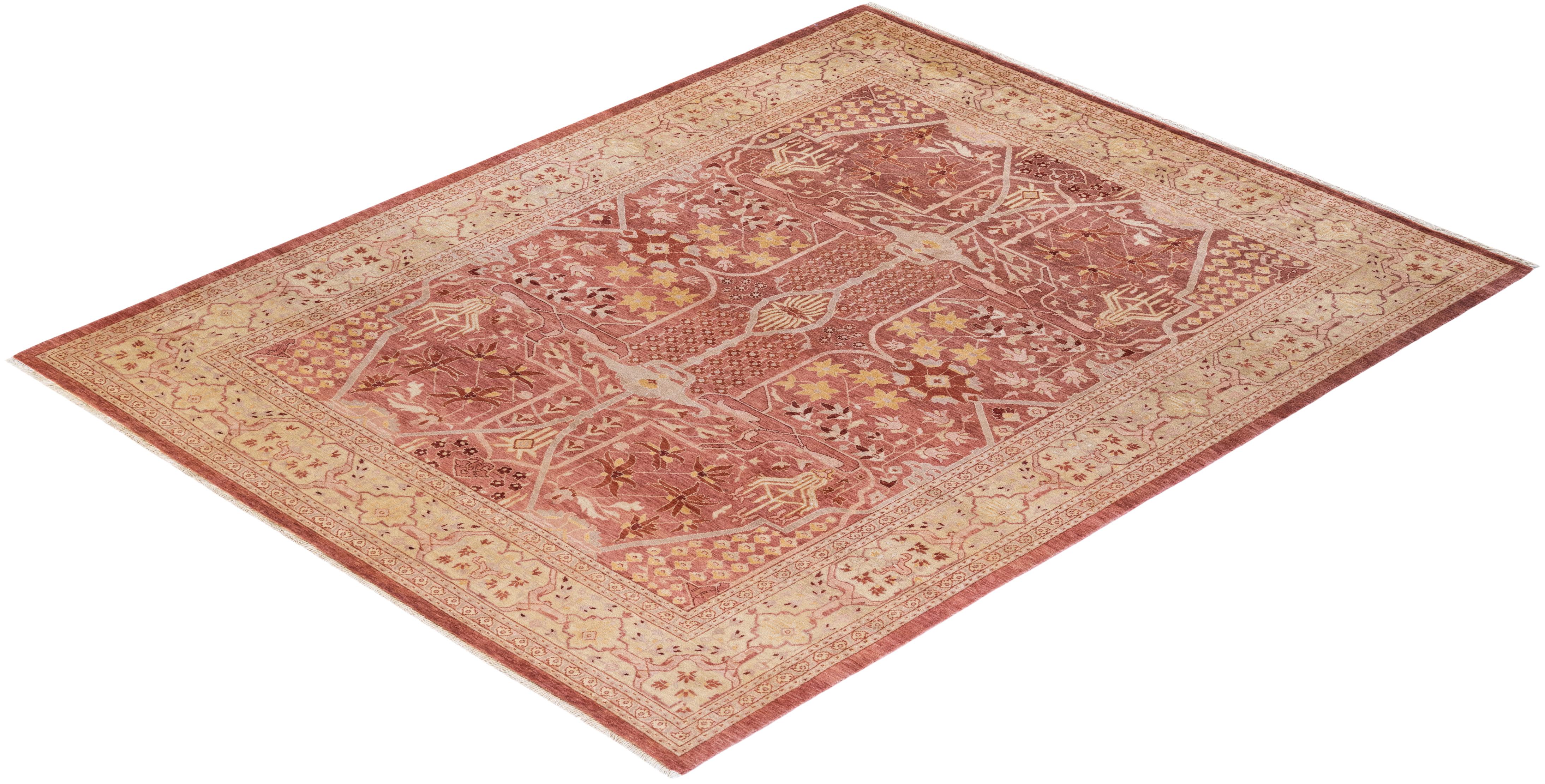 One of a Kind Hand Knotted Contemporary Floral Eclectic Pink Area Rug For Sale 3