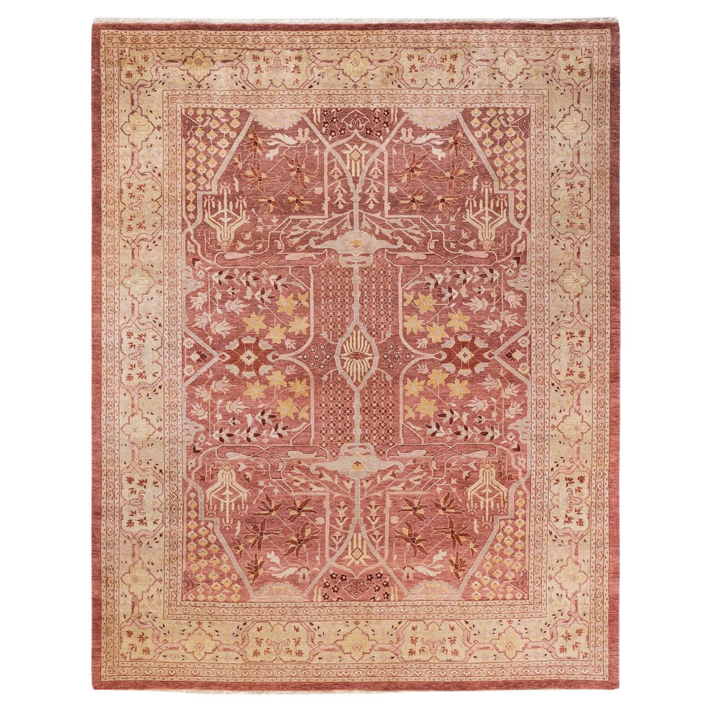 One of a Kind Hand Knotted Contemporary Floral Eclectic Pink Area Rug For Sale