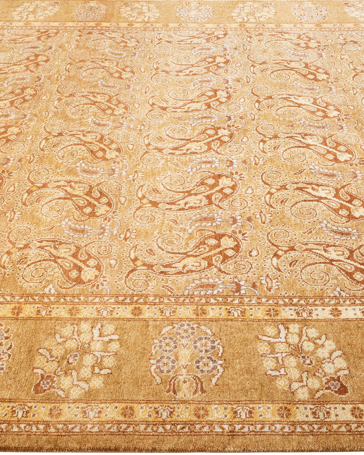 One of a Kind Hand Knotted Contemporary Floral Eclectic Yellow Area Rug In New Condition For Sale In Norwalk, CT
