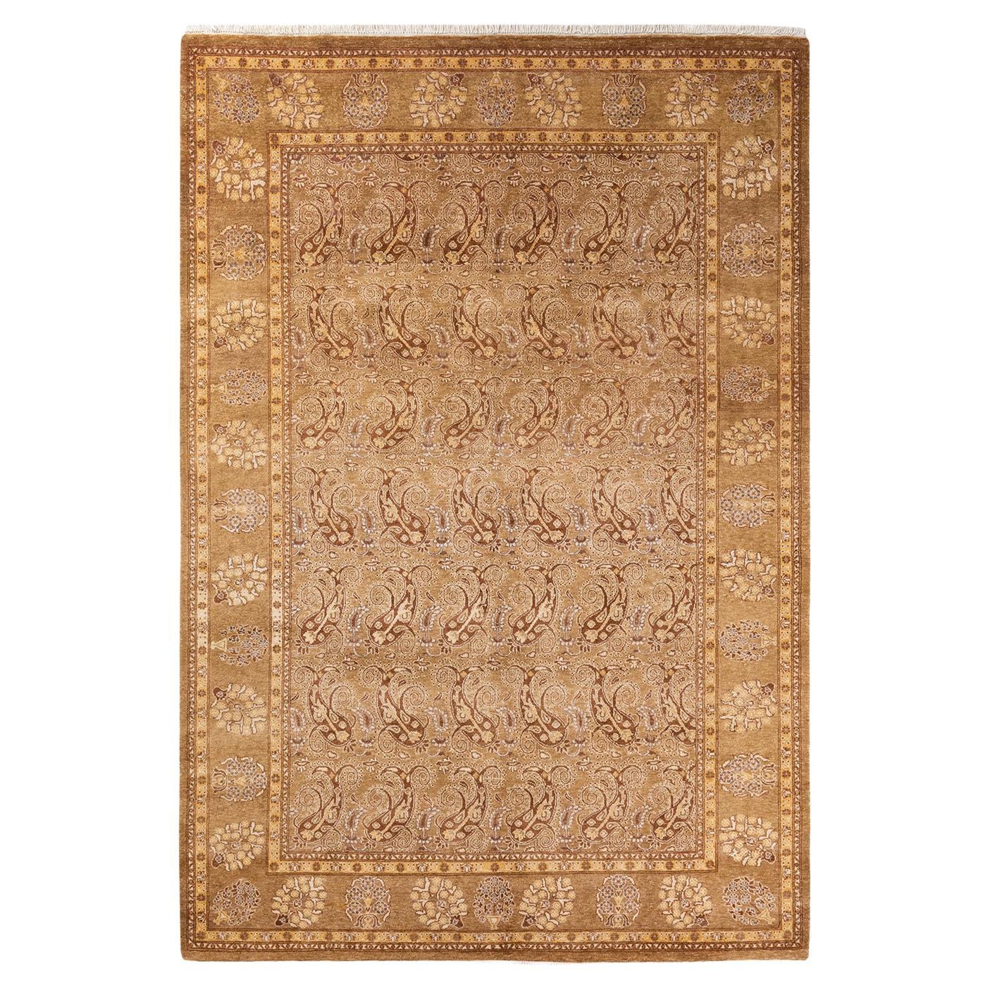 One of a Kind Hand Knotted Contemporary Floral Eclectic Yellow Area Rug For Sale