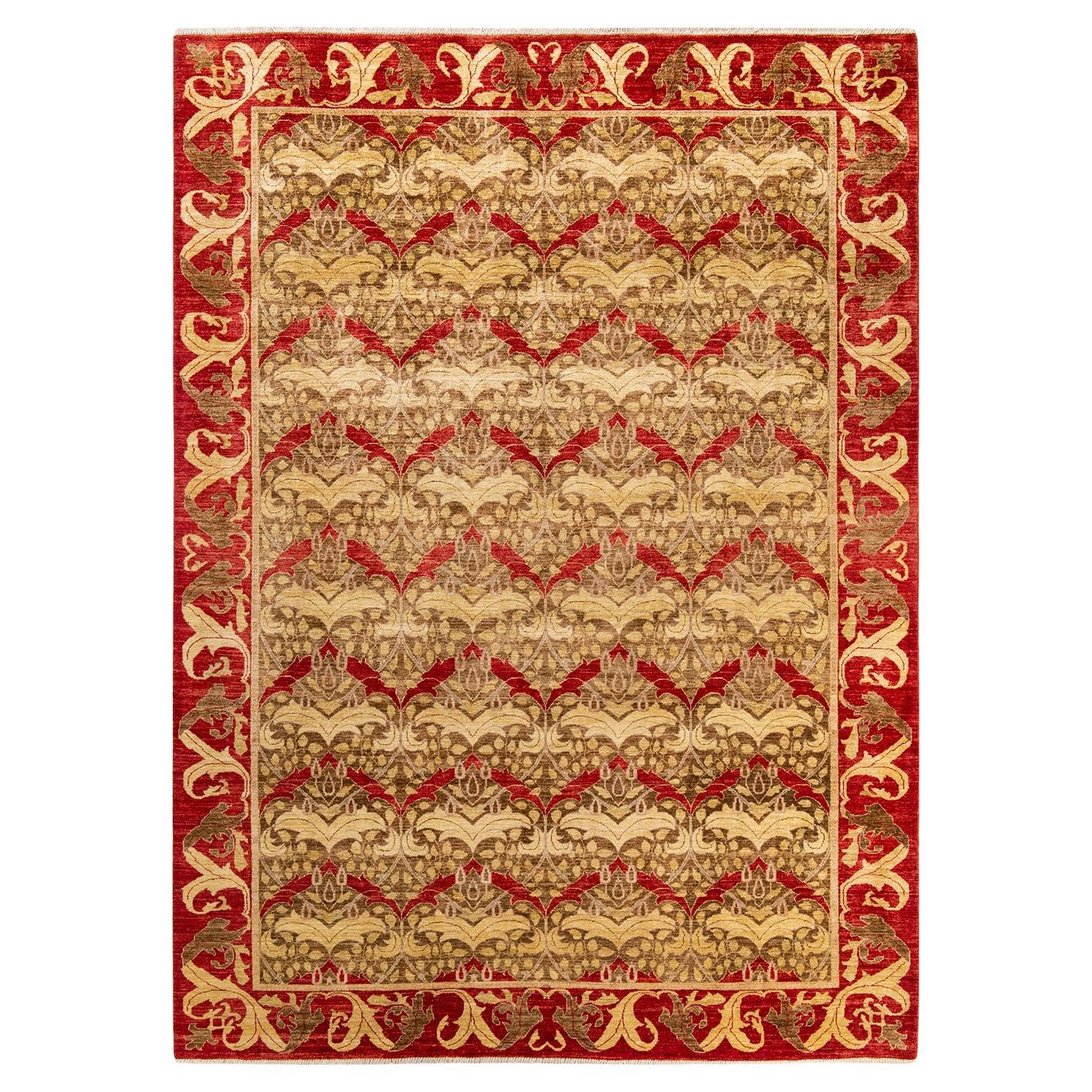 Tapis de sol contemporain floral vert, noué à la main, unique en son genre