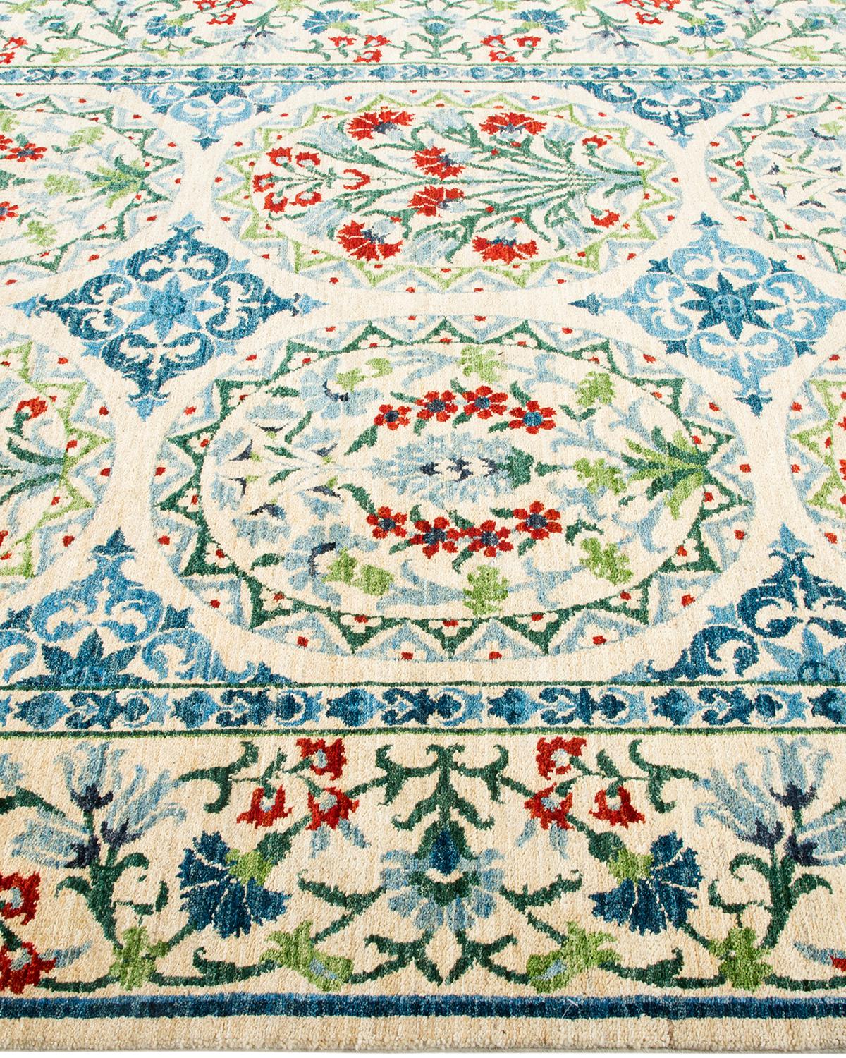 One of a Kind Hand Knotted Contemporary Floral Ivory Area Rug In New Condition For Sale In Norwalk, CT