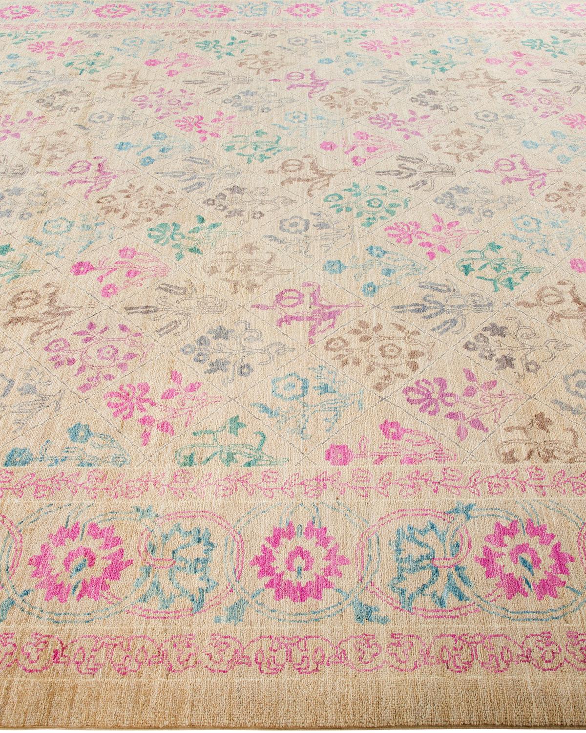 One of a Kind Hand Knotted Contemporary Floral Ivory Area Rug In New Condition For Sale In Norwalk, CT