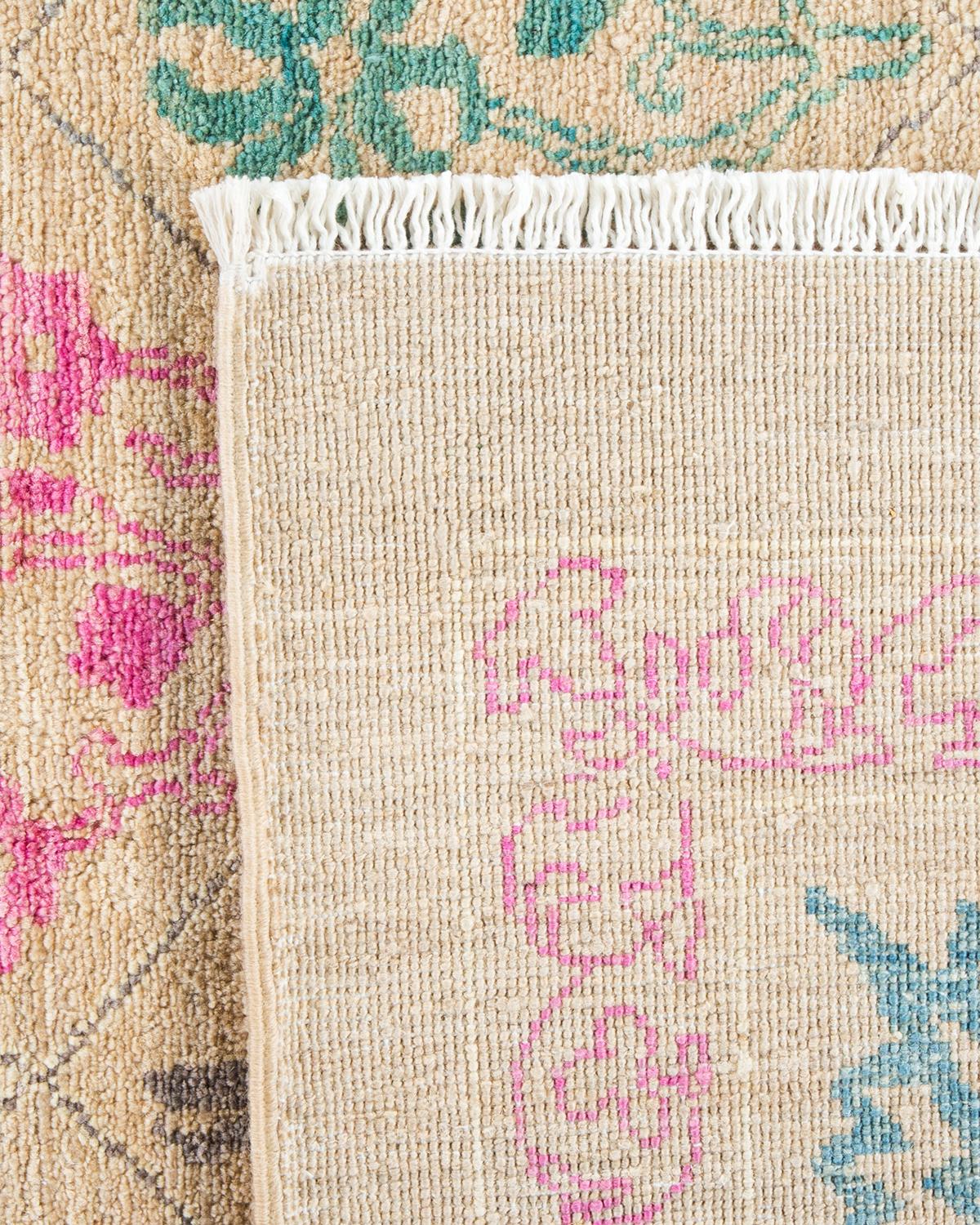 Wool One of a Kind Hand Knotted Contemporary Floral Ivory Area Rug For Sale