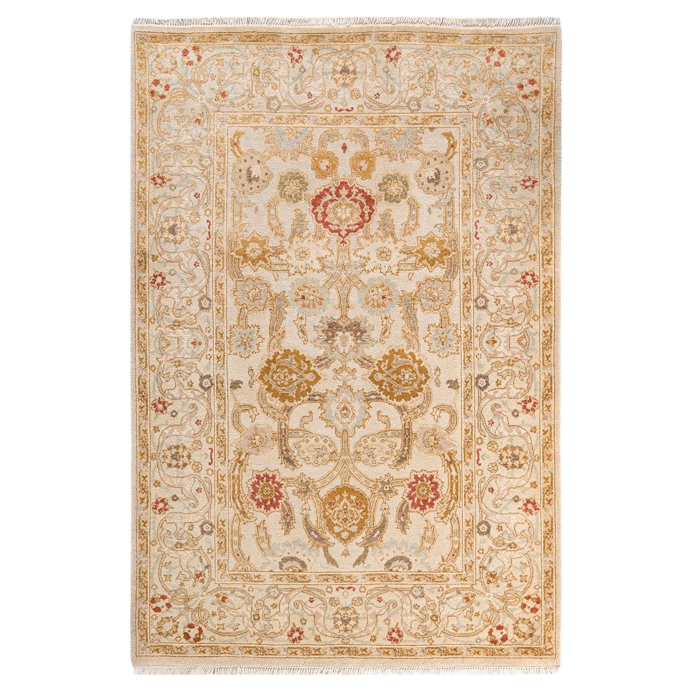 One of a Kind Hand Knotted Contemporary Floral Ivory Area Rug
