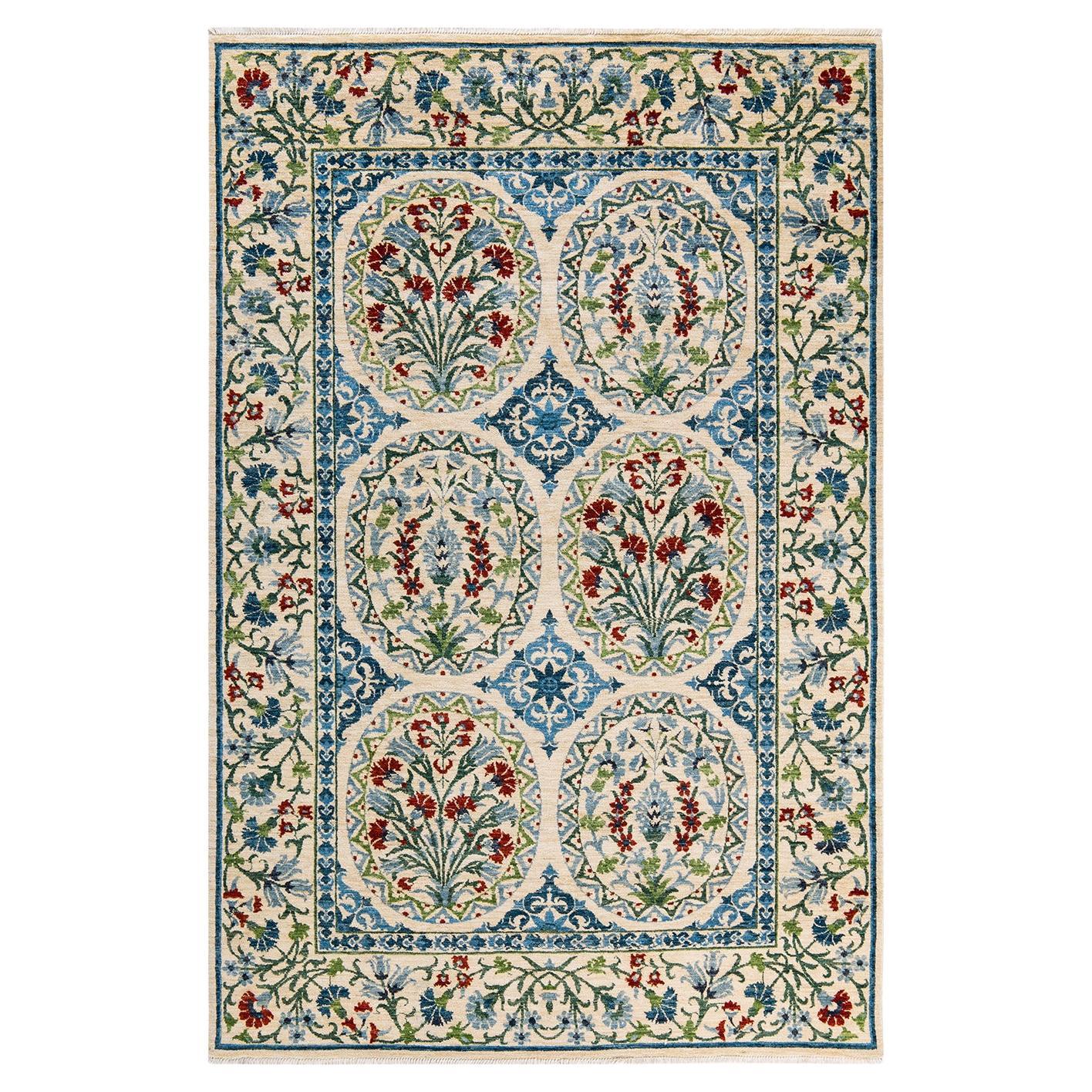 One of a Kind Hand Knotted Contemporary Floral Ivory Area Rug For Sale