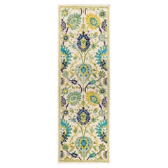 One of a Kind Hand Knotted Contemporary Floral Ivory Runner