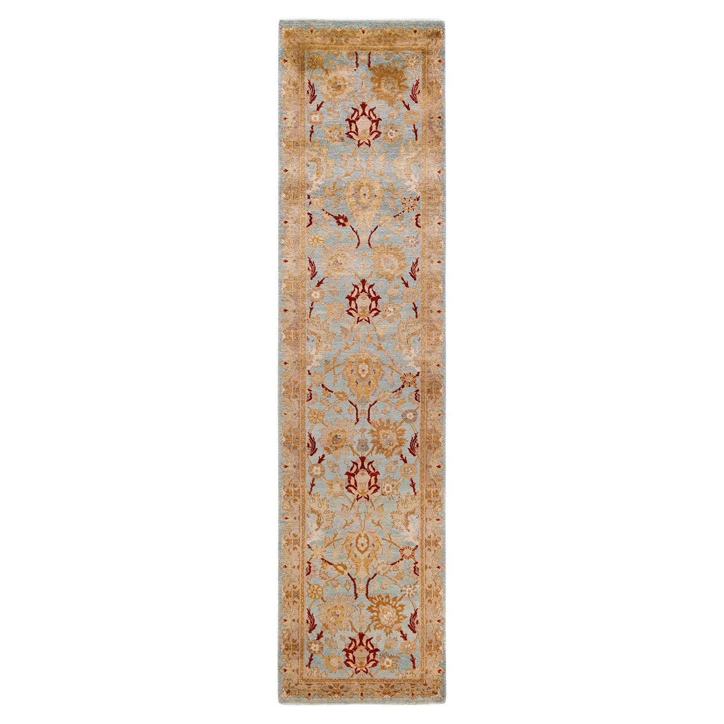 One of a Kind Hand Knotted Contemporary Floral Light Blue Runner
