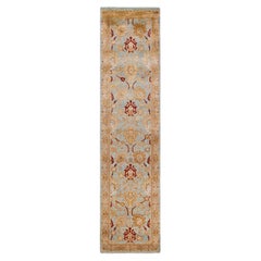 One of a Kind Hand Knotted Contemporary Floral Light Blue Runner