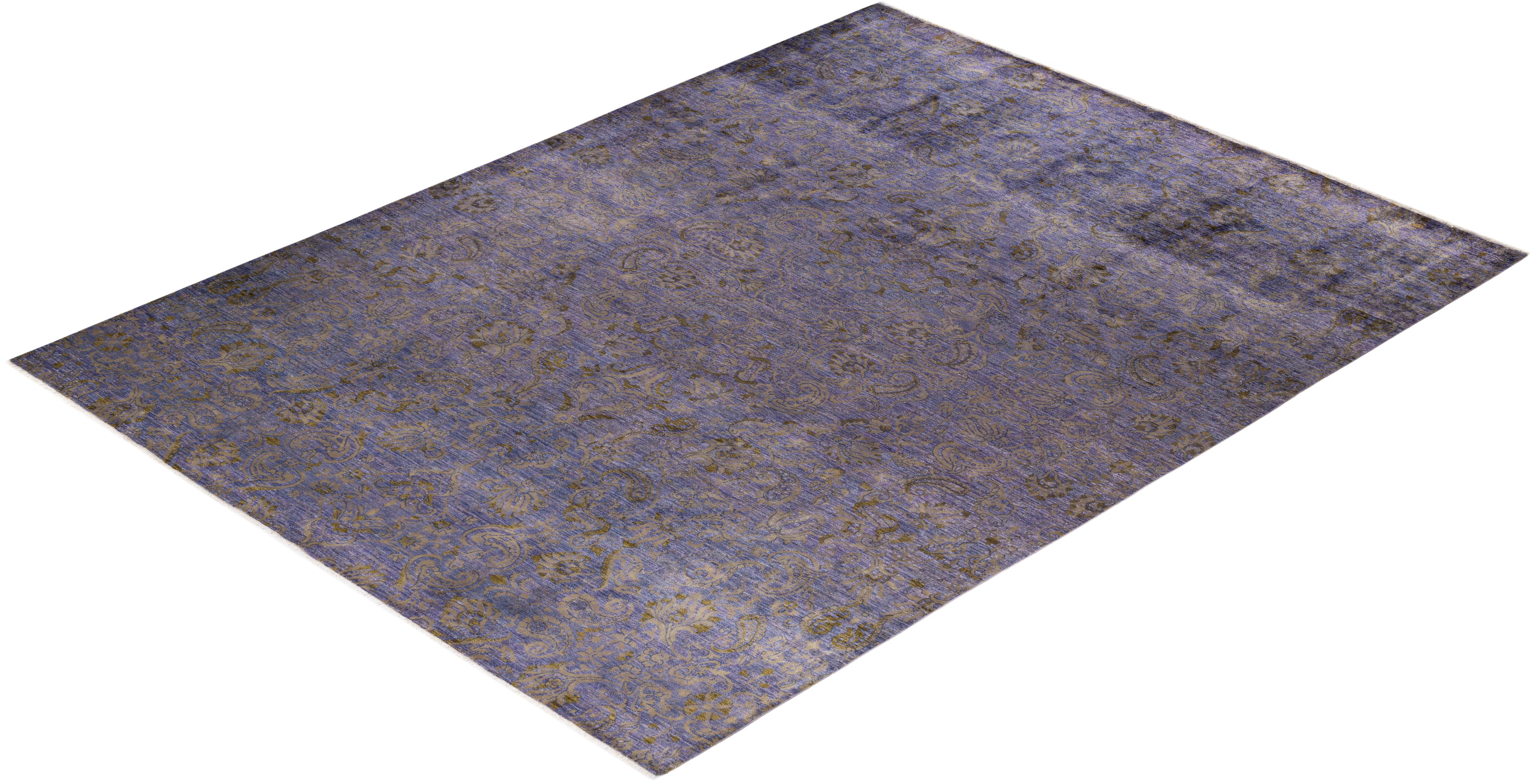 One of a Kind Hand Knotted Contemporary Floral Purple Area Rug For Sale 3