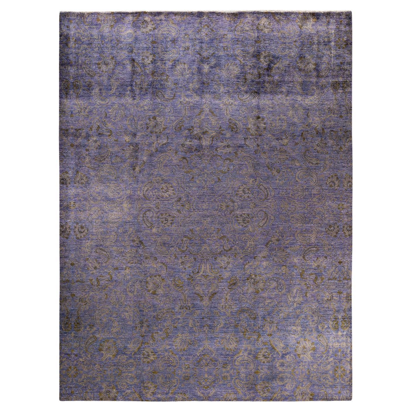 One of a Kind Hand Knotted Contemporary Floral Purple Area Rug For Sale