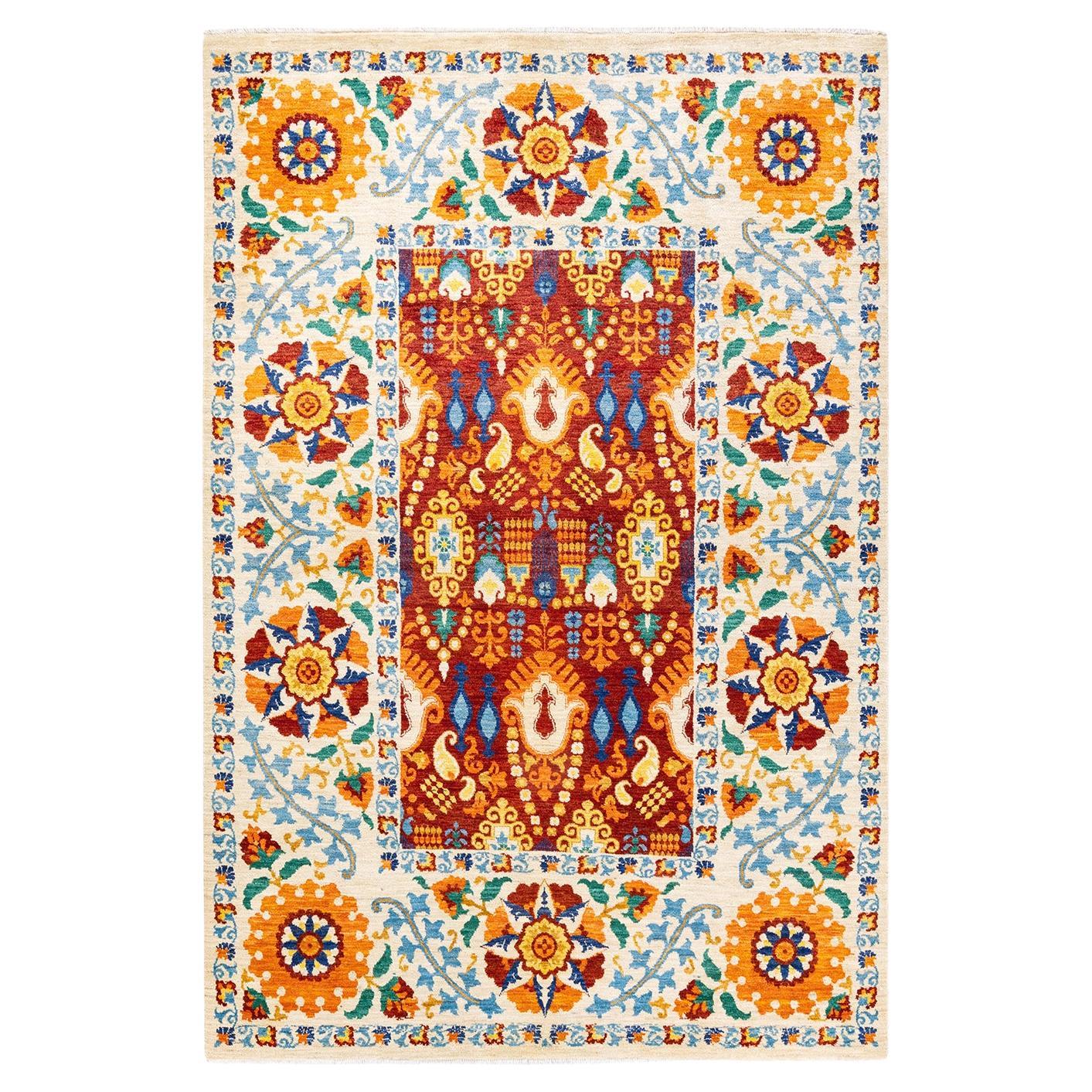 One-of-a-Kind Hand Knotted Contemporary Floral Suzani Red Area Rug