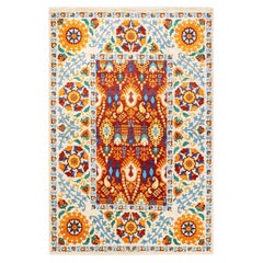 Tapis rouge contemporain Suzani à fleurs noué à la main, unique en son genre
