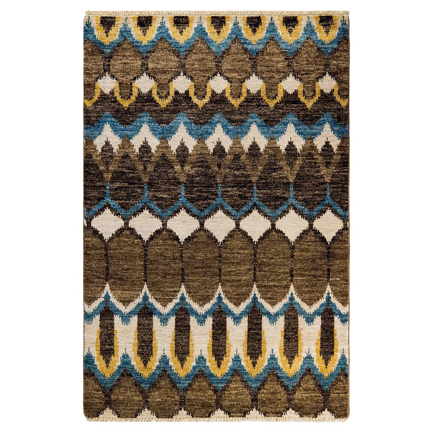 One of a Kind Hand Knotted Contemporary Ikat Green Area Rug