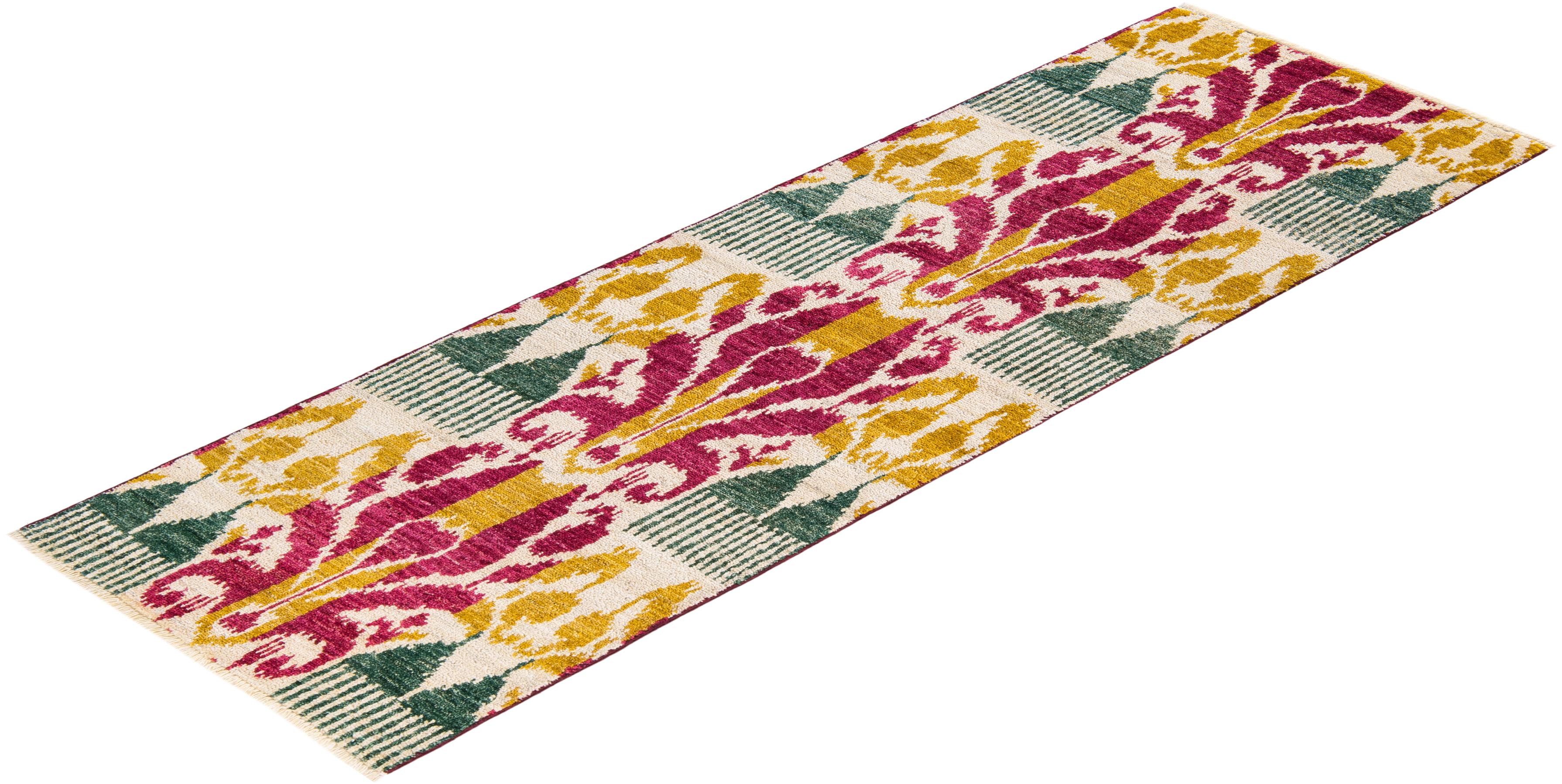 Einzigartiger handgeknüpfter zeitgenössischer Ikat-Läufer in Elfenbein im Angebot 2