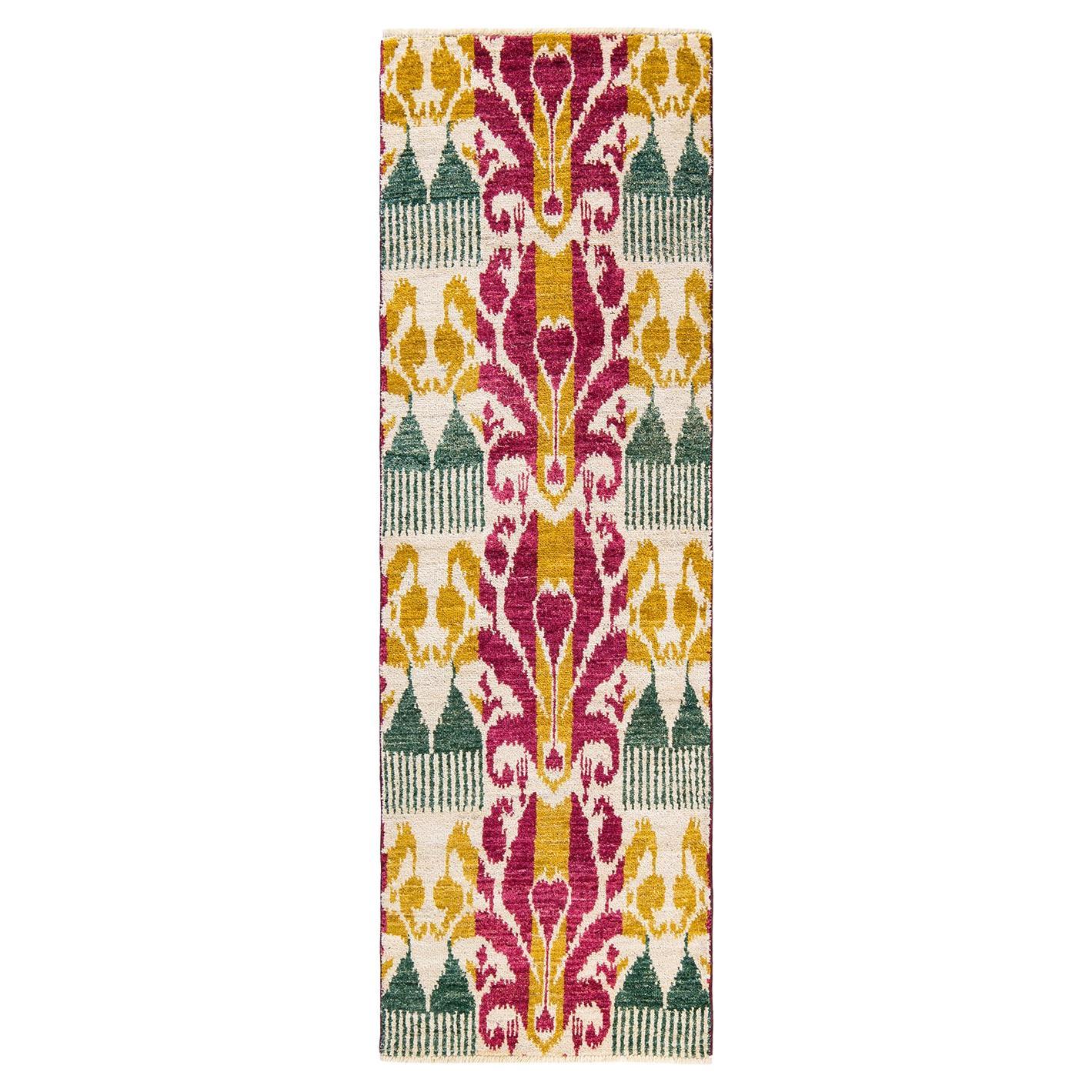 One of a Kind Hand Knotted Contemporary Ikat Ivory Runner