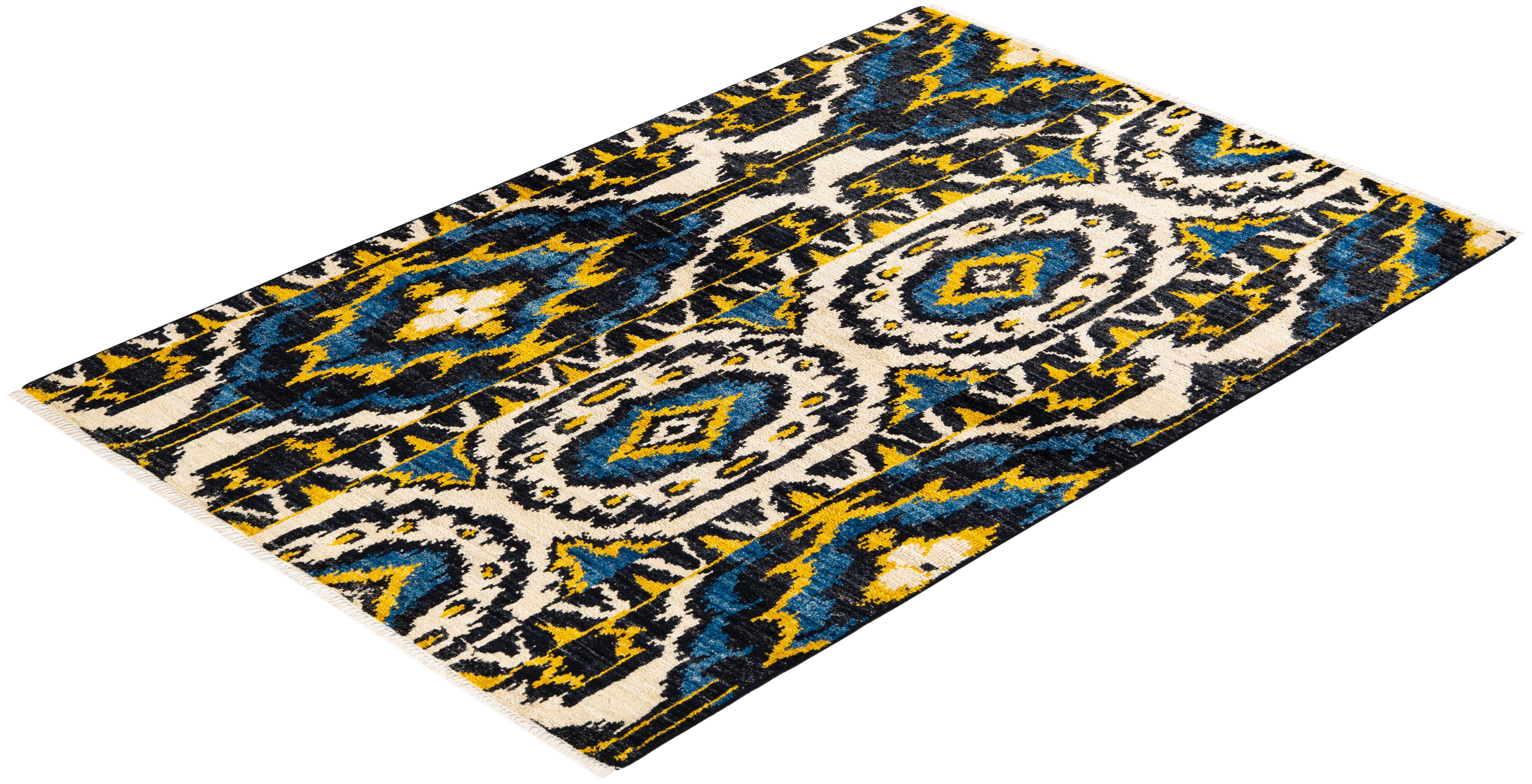 Tappeto contemporaneo Ikat moderno nero, unico nel suo genere, annodato a mano in vendita 2